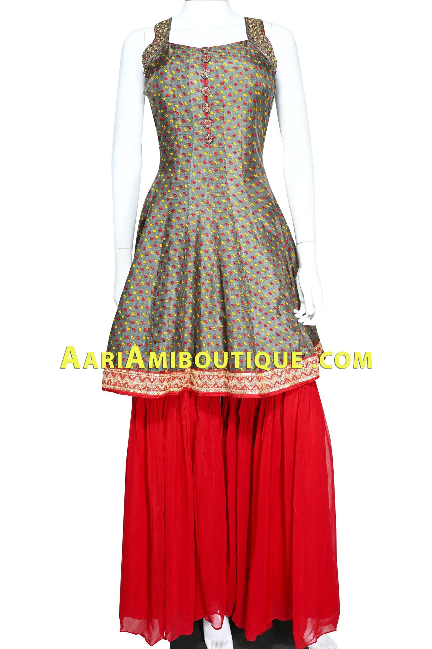 Grey and Red Bandhani Sharara Set-AariAmi Boutique