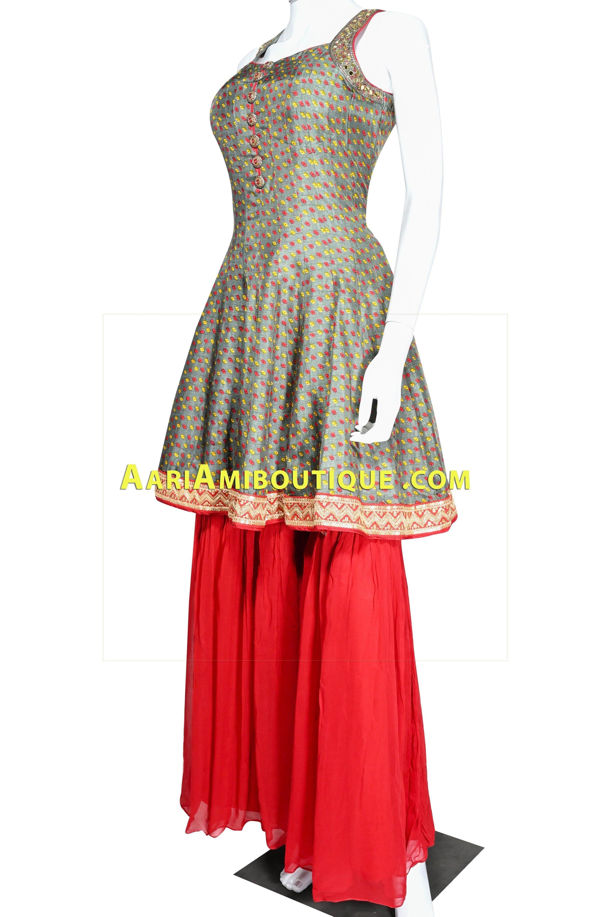 Grey and Red Bandhani Sharara Set-AariAmi Boutique