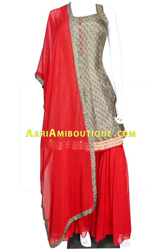 Grey and Red Bandhani Sharara Set-AariAmi Boutique
