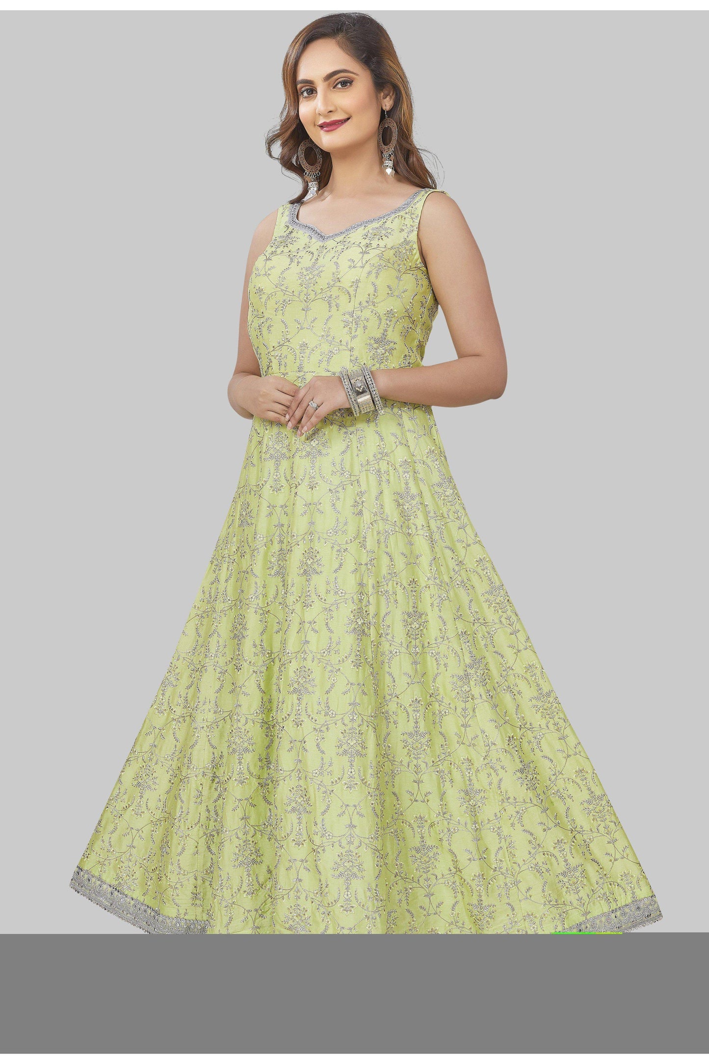 Lime Green with Silver Embroidery Anarkali Set-AariAmi Boutique