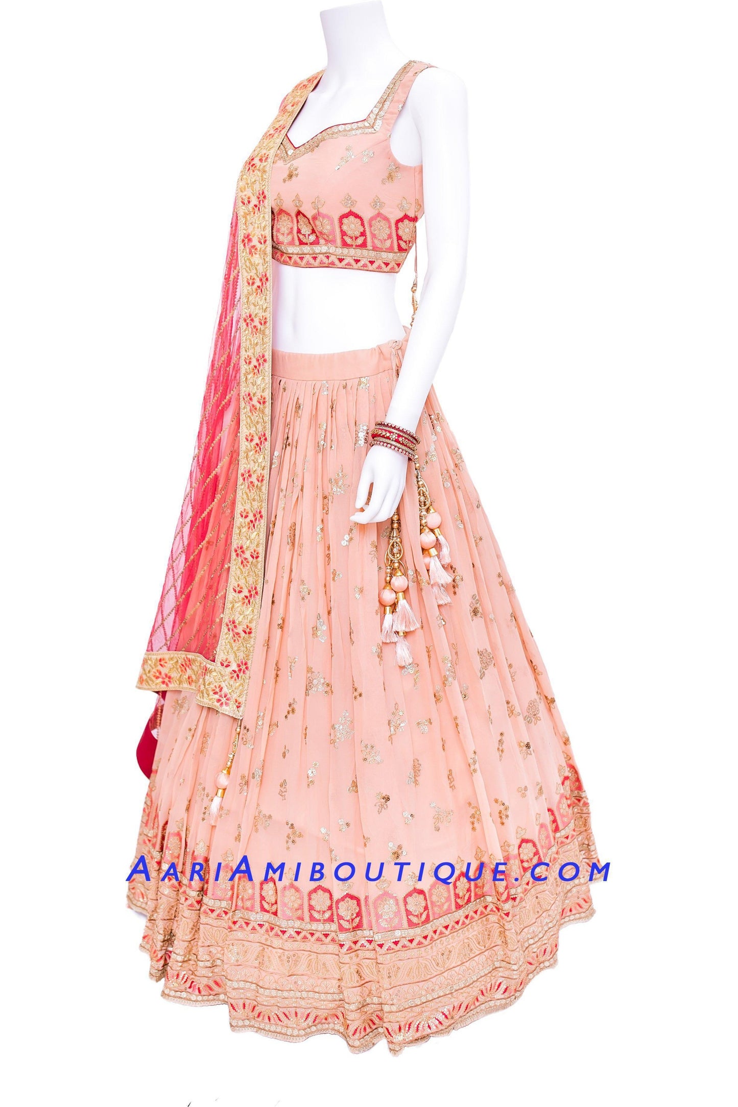 Luscious Peach Lehenga Set with Red Dupatta-AariAmi Boutique