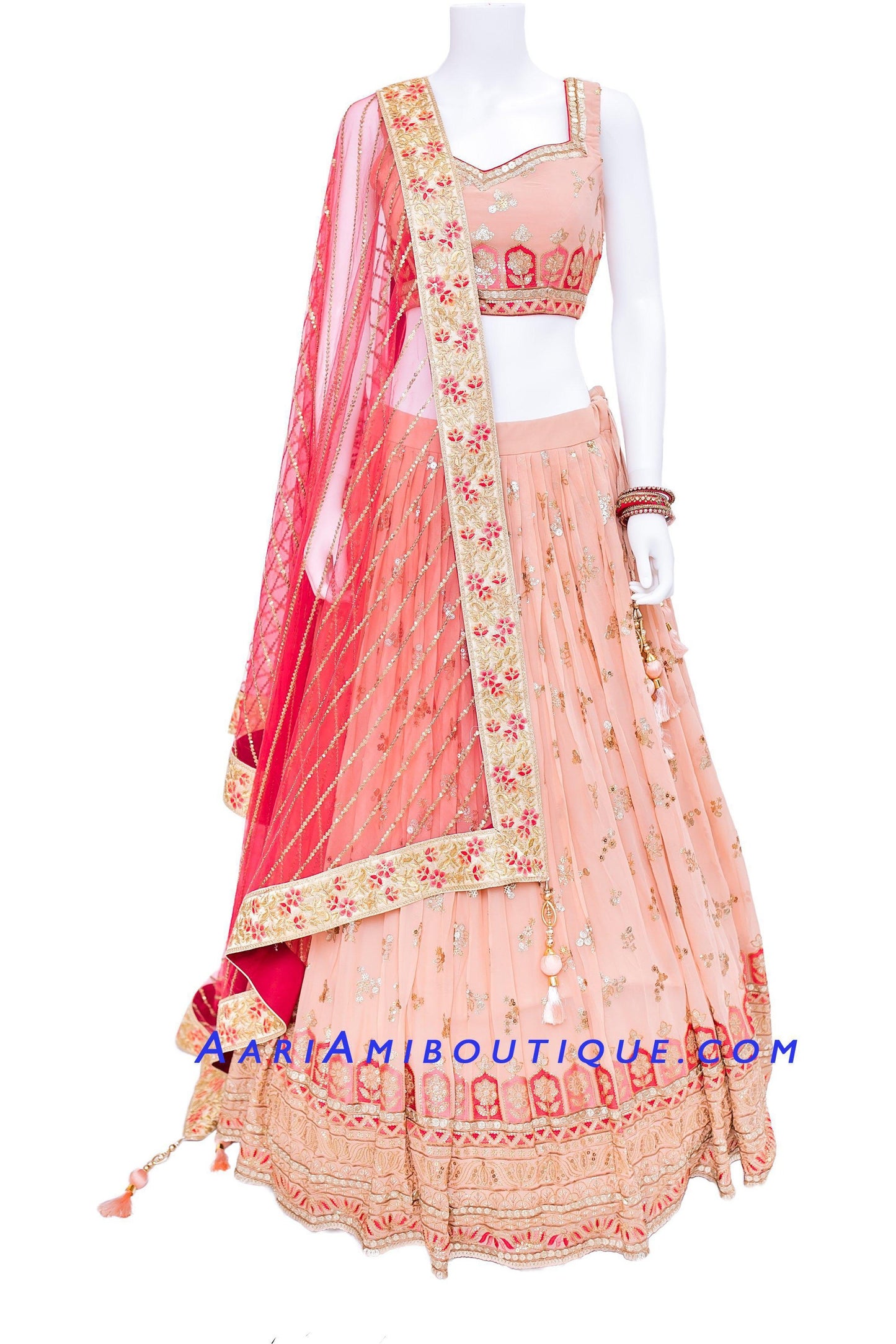 Luscious Peach Lehenga Set with Red Dupatta-AariAmi Boutique