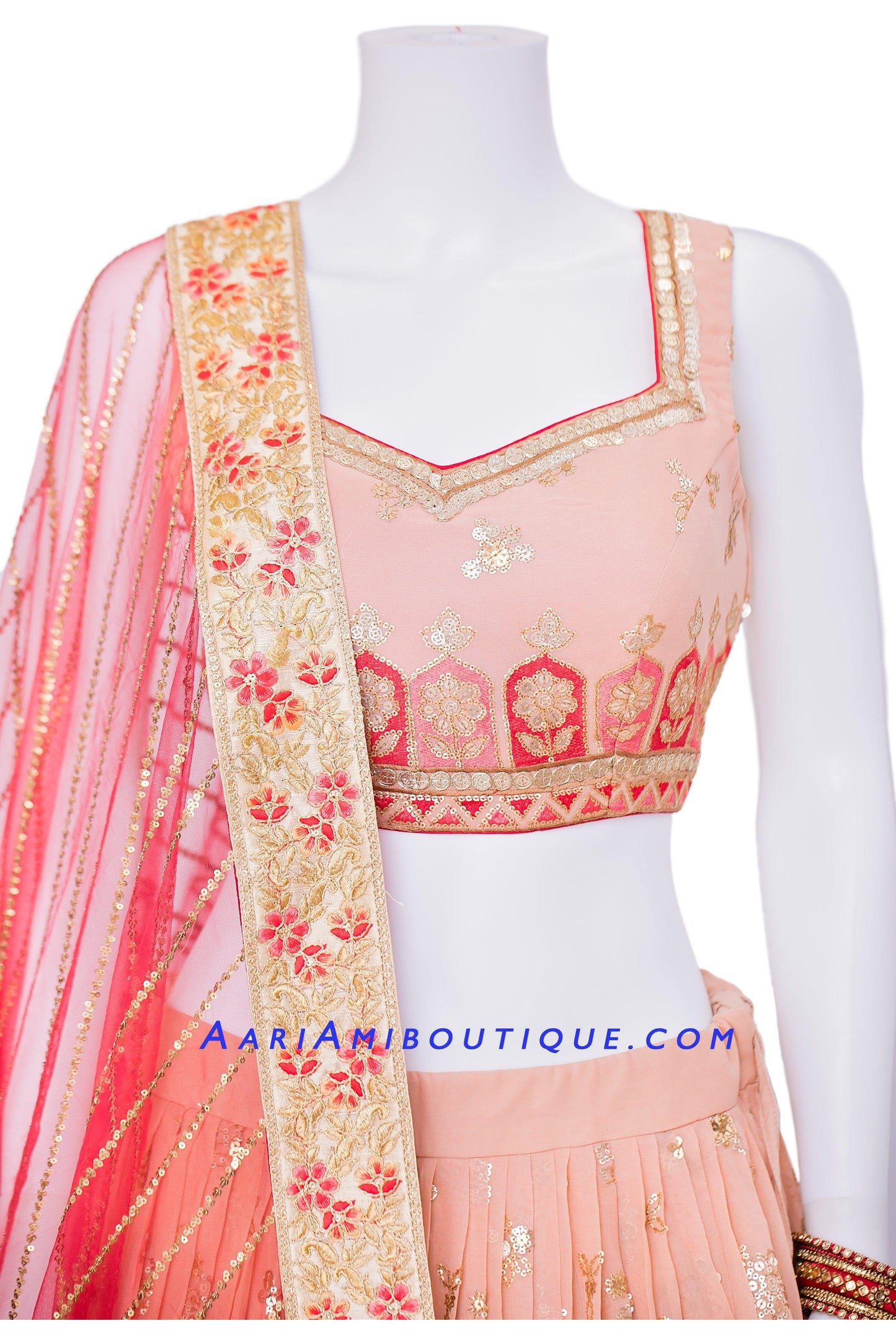 Luscious Peach Lehenga Set with Red Dupatta-AariAmi Boutique