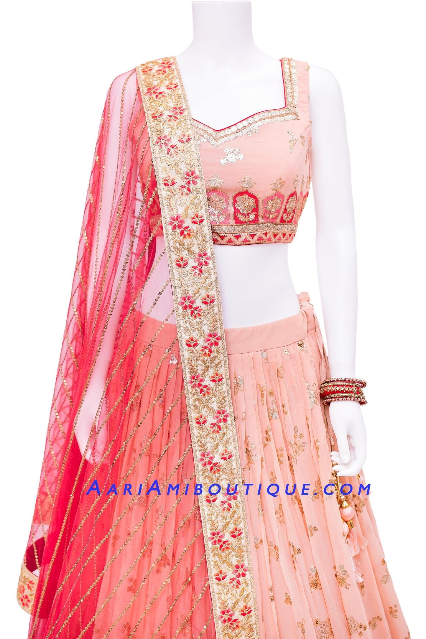 Luscious Peach Lehenga Set with Red Dupatta-AariAmi Boutique