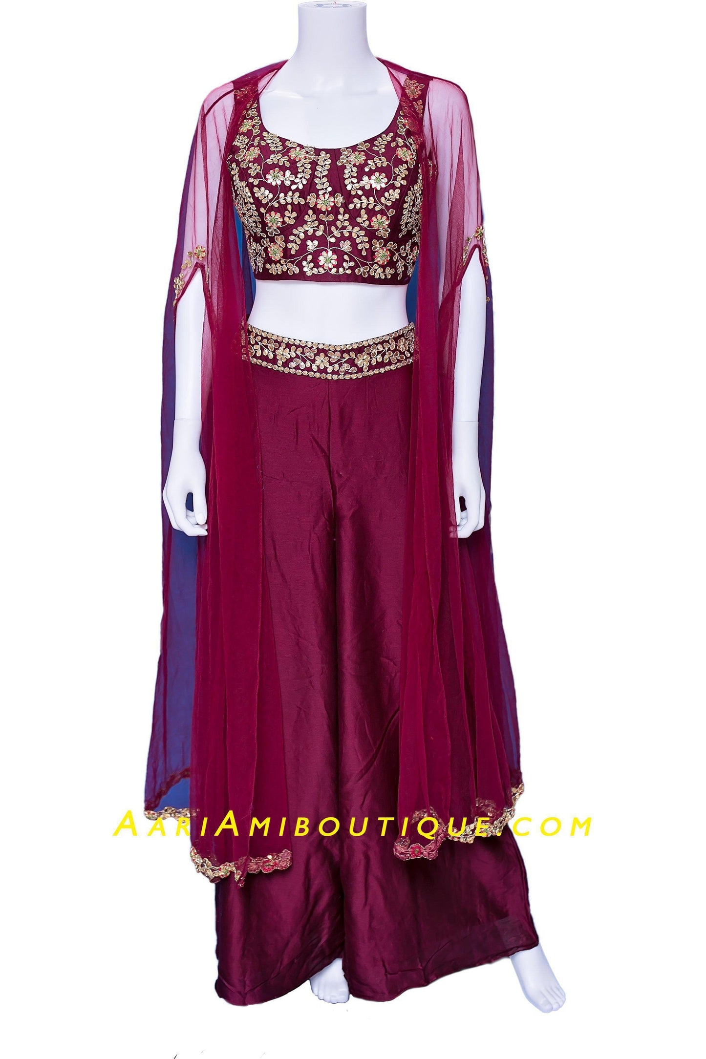 Maroon Chanderi Silk Palazzo Set with Cape-AariAmi Boutique