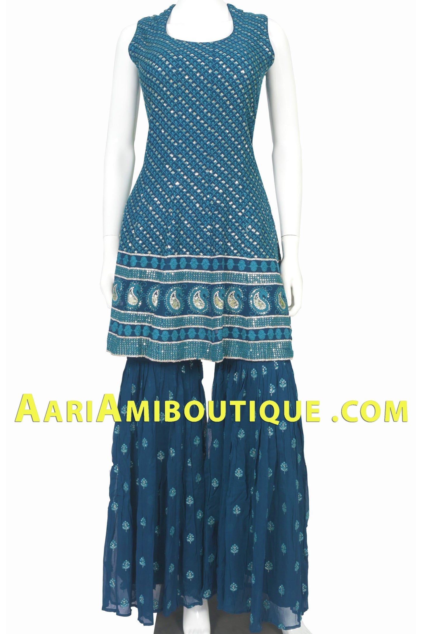 Midnight Blue Lucknowi Embroidered Gharara Set-AariAmi Boutique