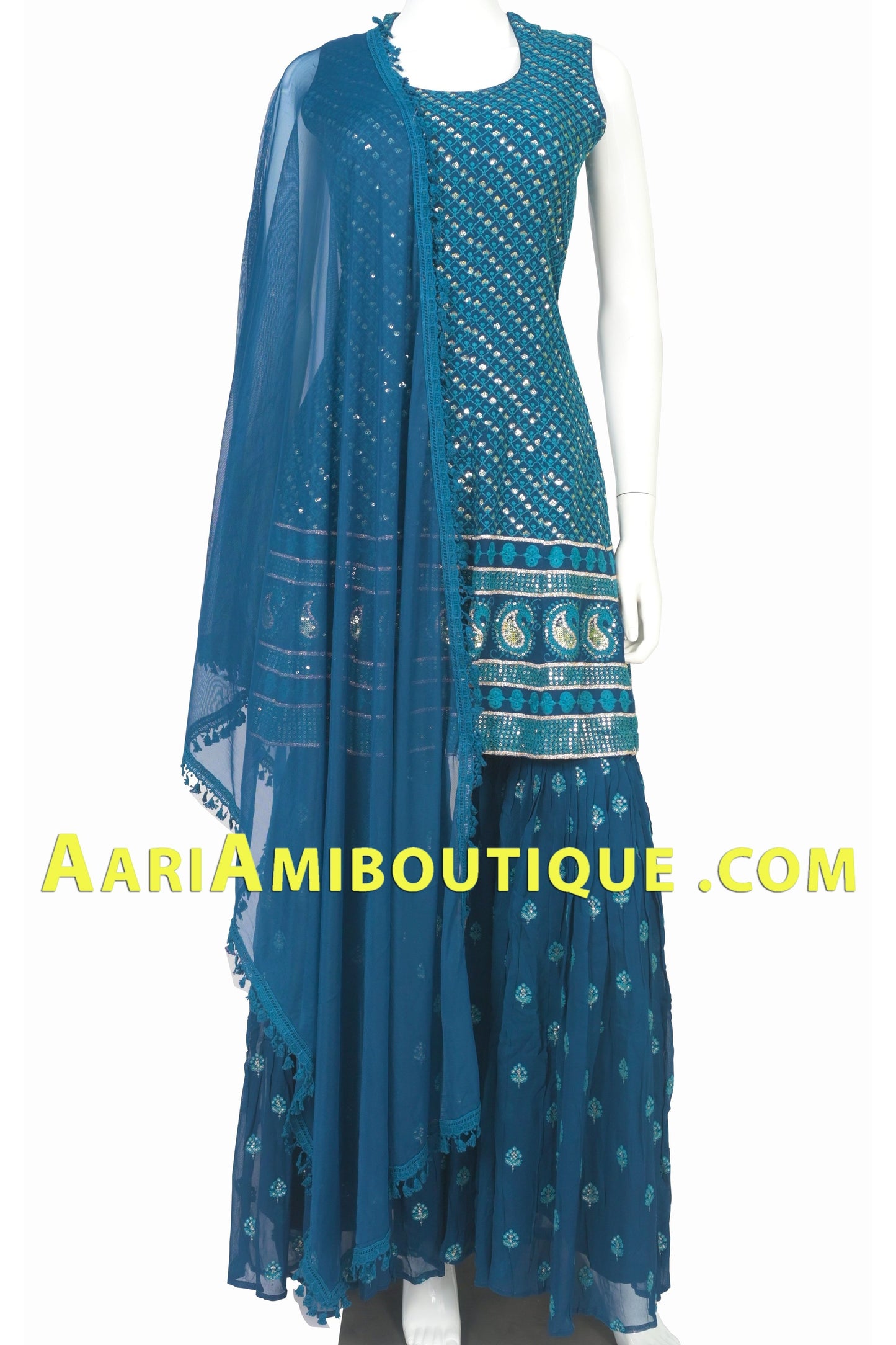 Midnight Blue Lucknowi Embroidered Gharara Set-AariAmi Boutique