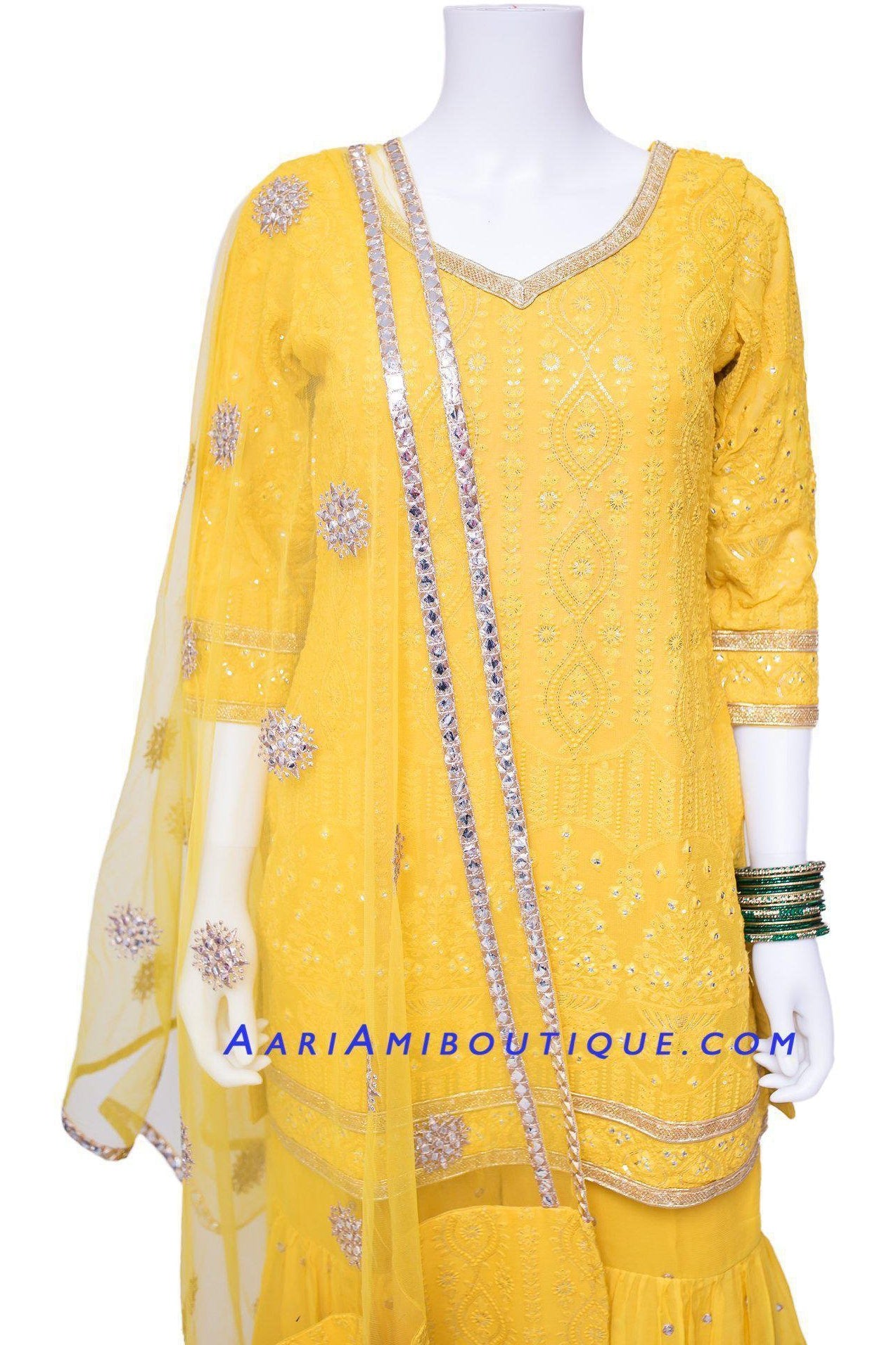 Mustard Yellow Lucknowi Embroidered Gharara Set-AariAmi Boutique