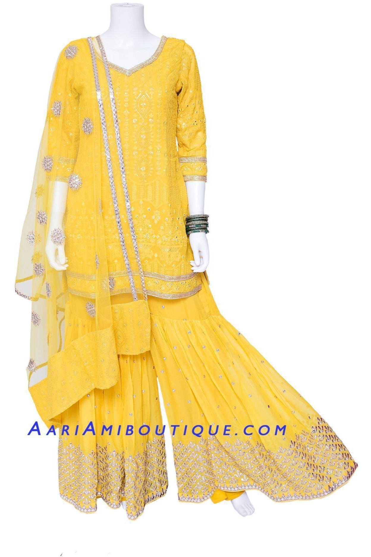 Mustard Yellow Lucknowi Embroidered Gharara Set-AariAmi Boutique