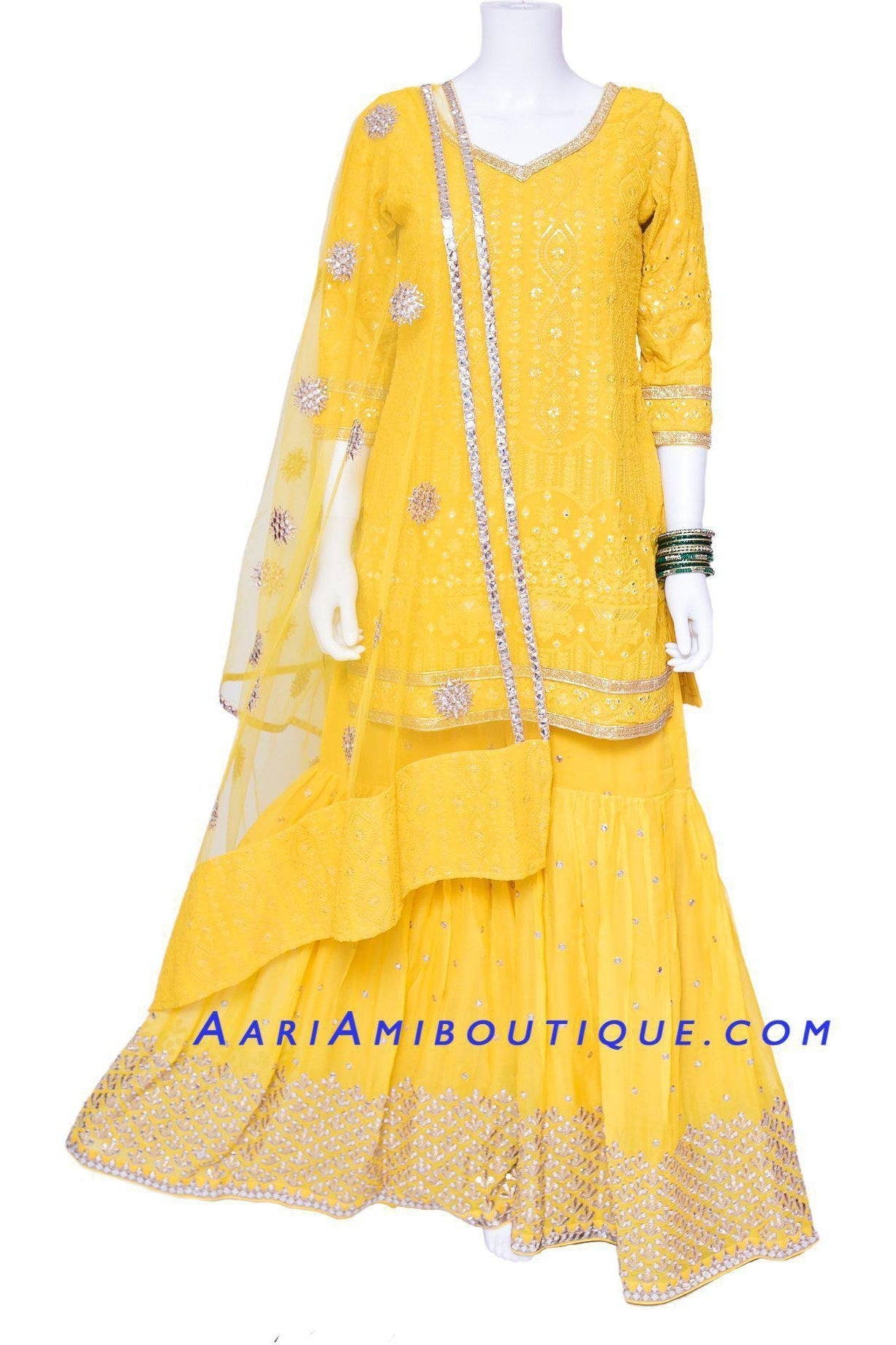 Mustard Yellow Lucknowi Embroidered Gharara Set-AariAmi Boutique