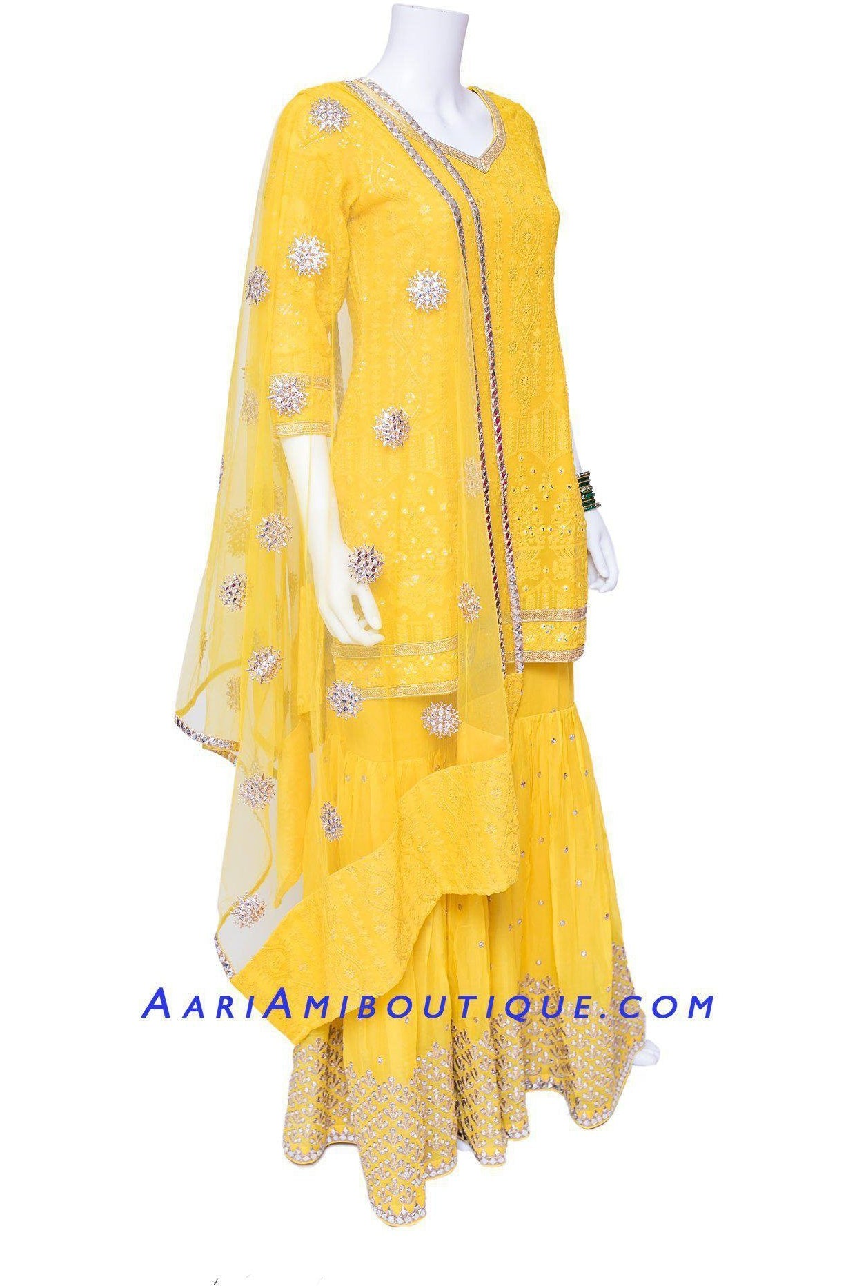 Mustard Yellow Lucknowi Embroidered Gharara Set-AariAmi Boutique