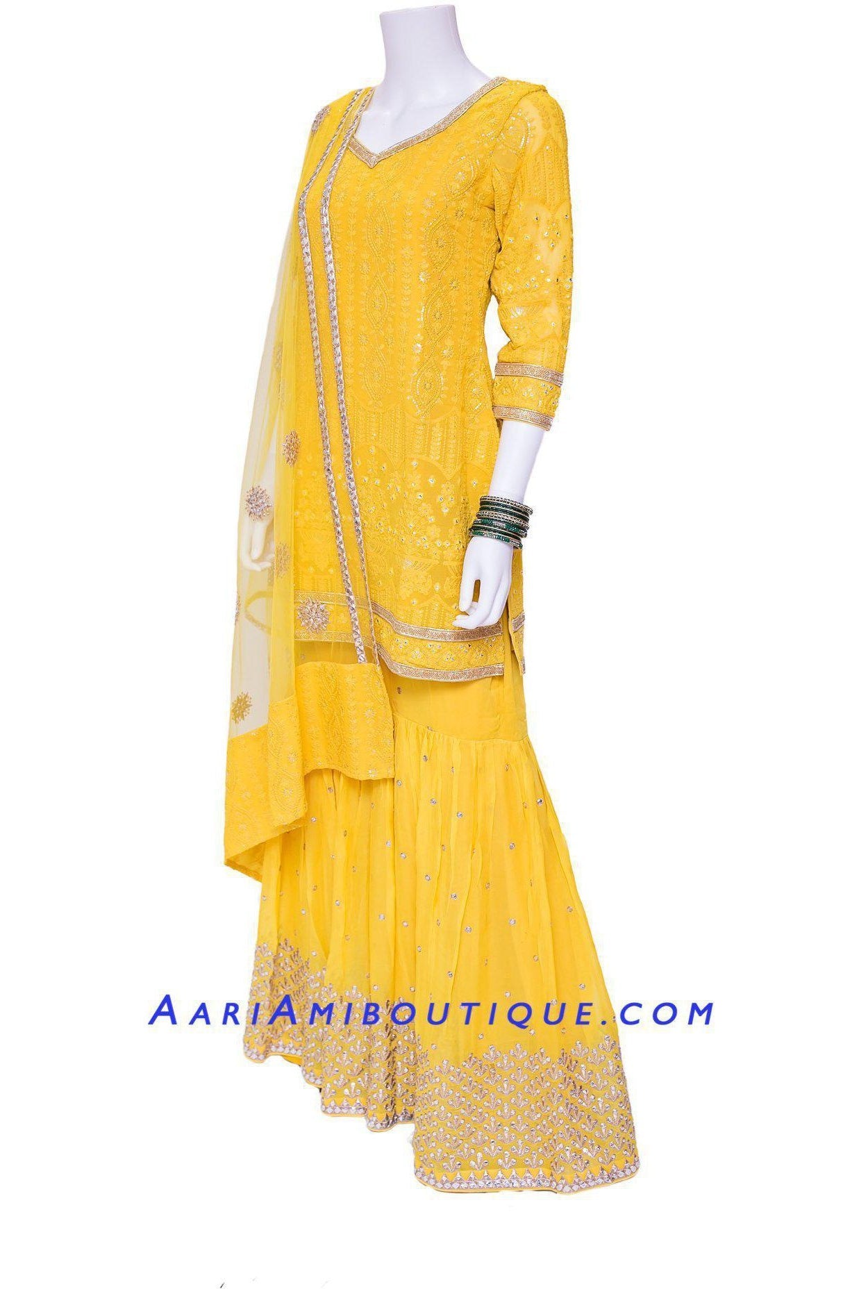 Mustard Yellow Lucknowi Embroidered Gharara Set-AariAmi Boutique