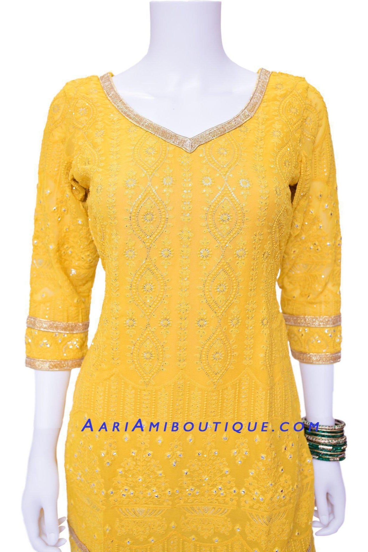 Mustard Yellow Lucknowi Embroidered Gharara Set-AariAmi Boutique