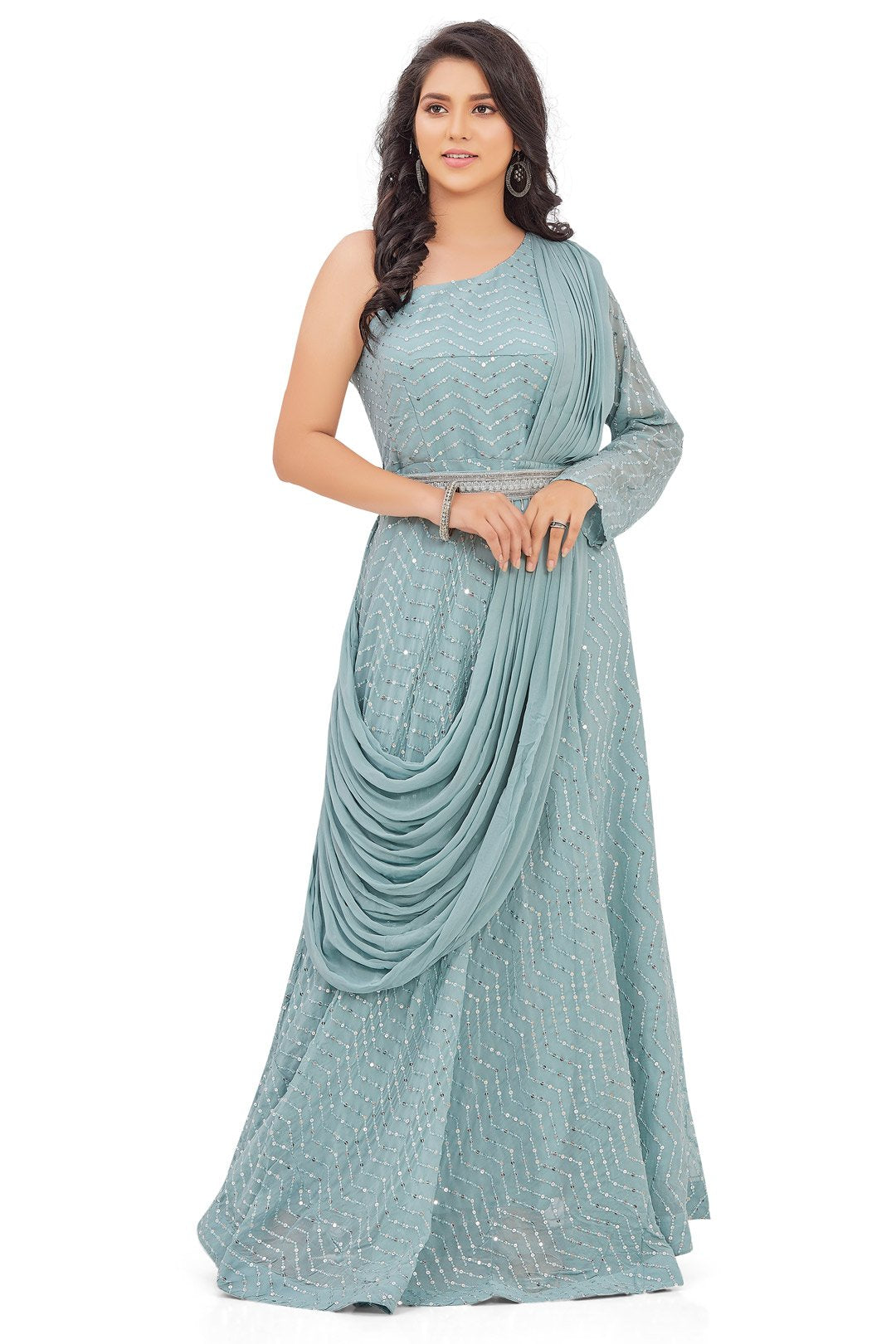 One Shoulder Blue Anarkali Set-AariAmi Boutique