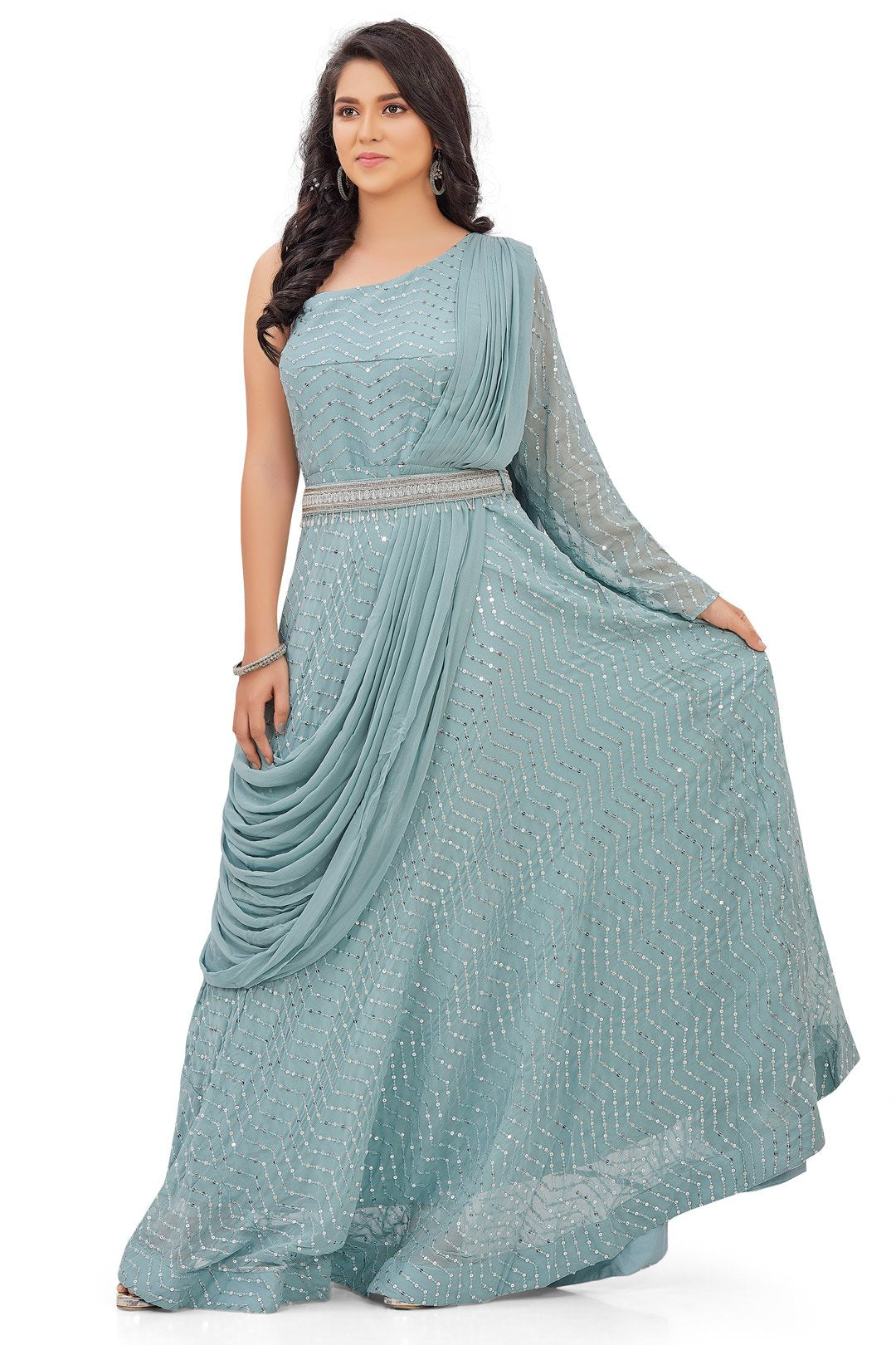 One Shoulder Blue Anarkali Set-AariAmi Boutique