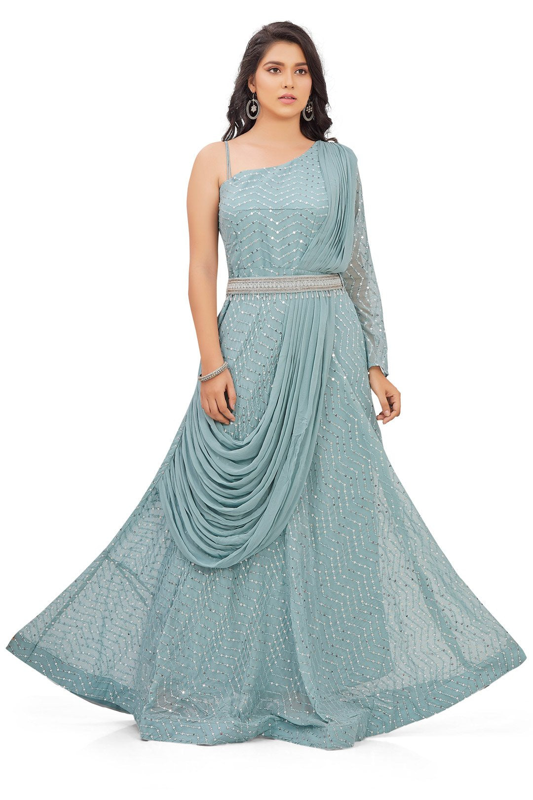 One Shoulder Blue Anarkali Set-AariAmi Boutique