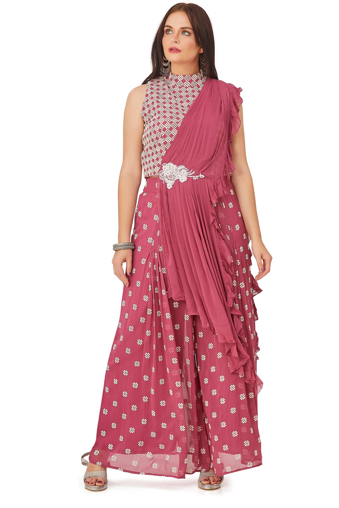 Pink and White Palazzo Set with Attached Draped Dupatta-AariAmi Boutique