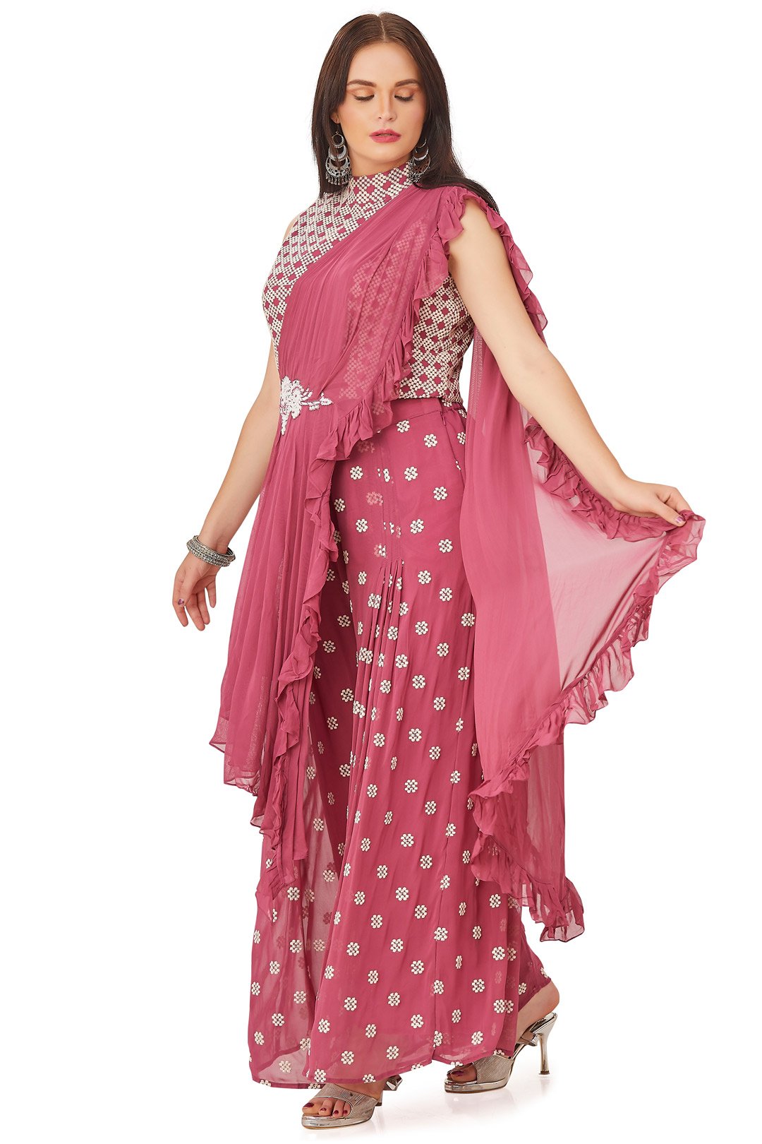 Pink and White Palazzo Set with Attached Draped Dupatta-AariAmi Boutique