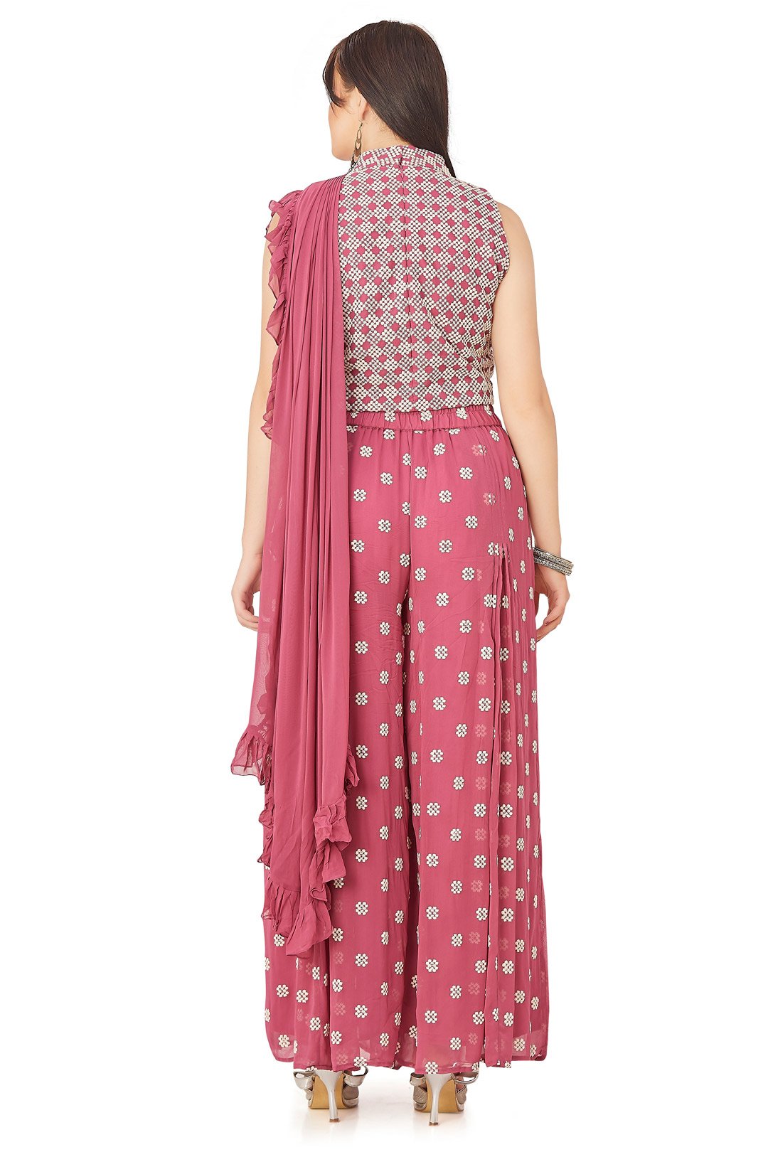 Pink and White Palazzo Set with Attached Draped Dupatta-AariAmi Boutique