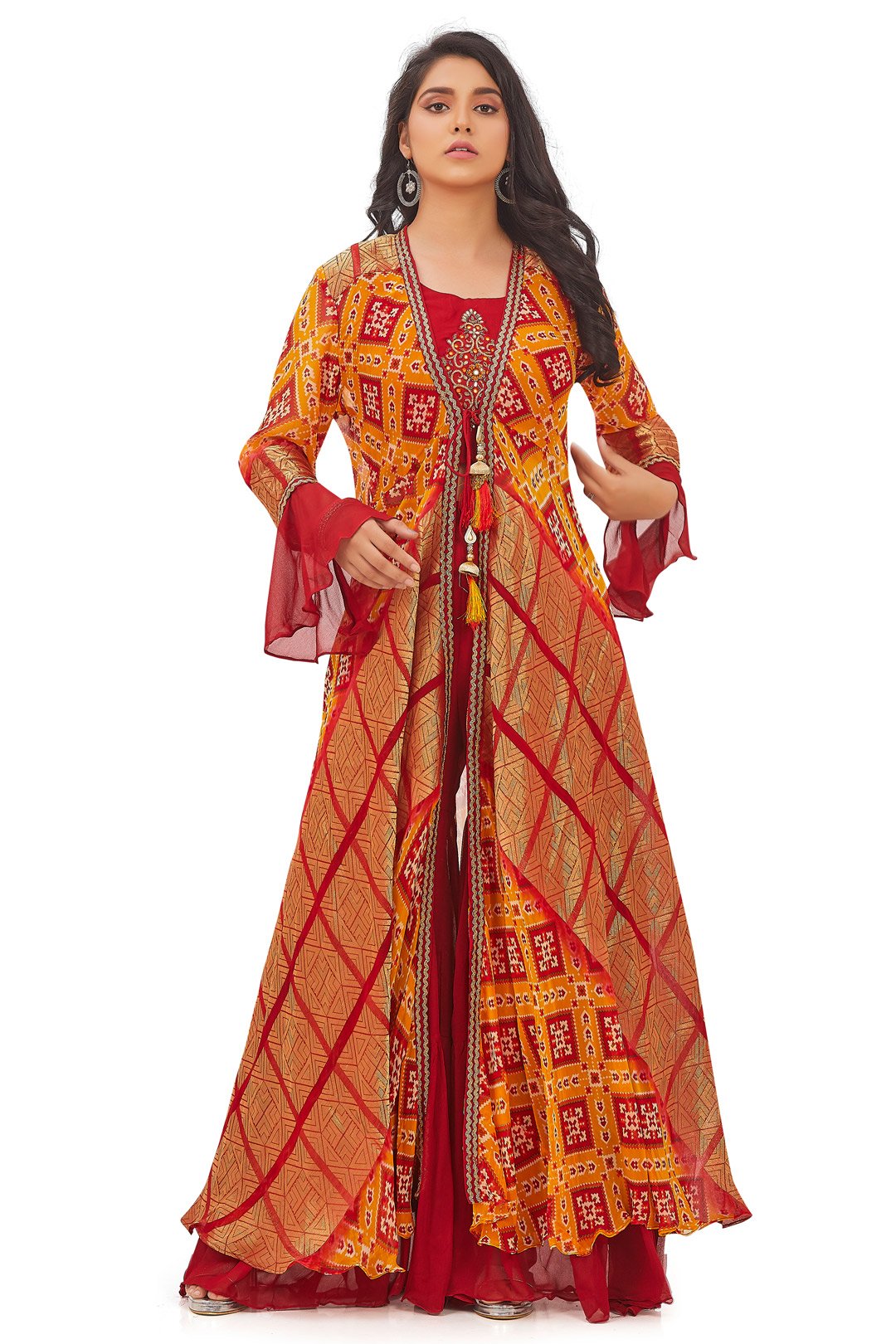 Red and Orange Patola Print Gharara Set with Jacket-AariAmi Boutique