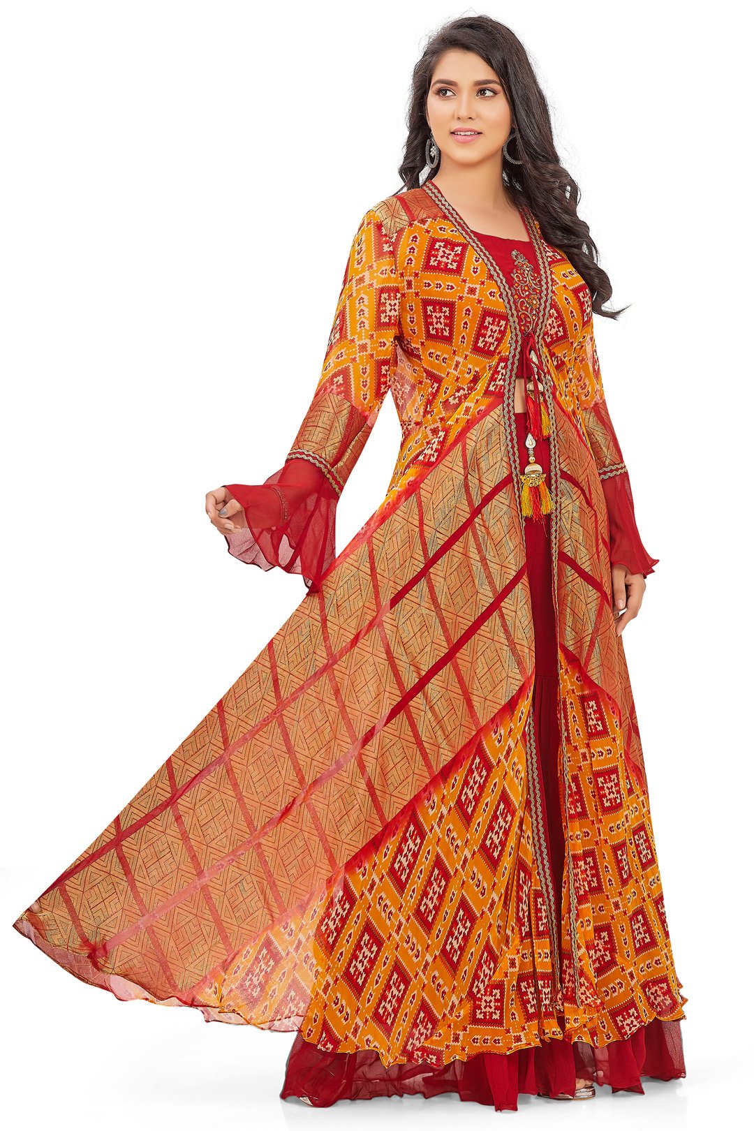 Red and Orange Patola Print Gharara Set with Jacket-AariAmi Boutique