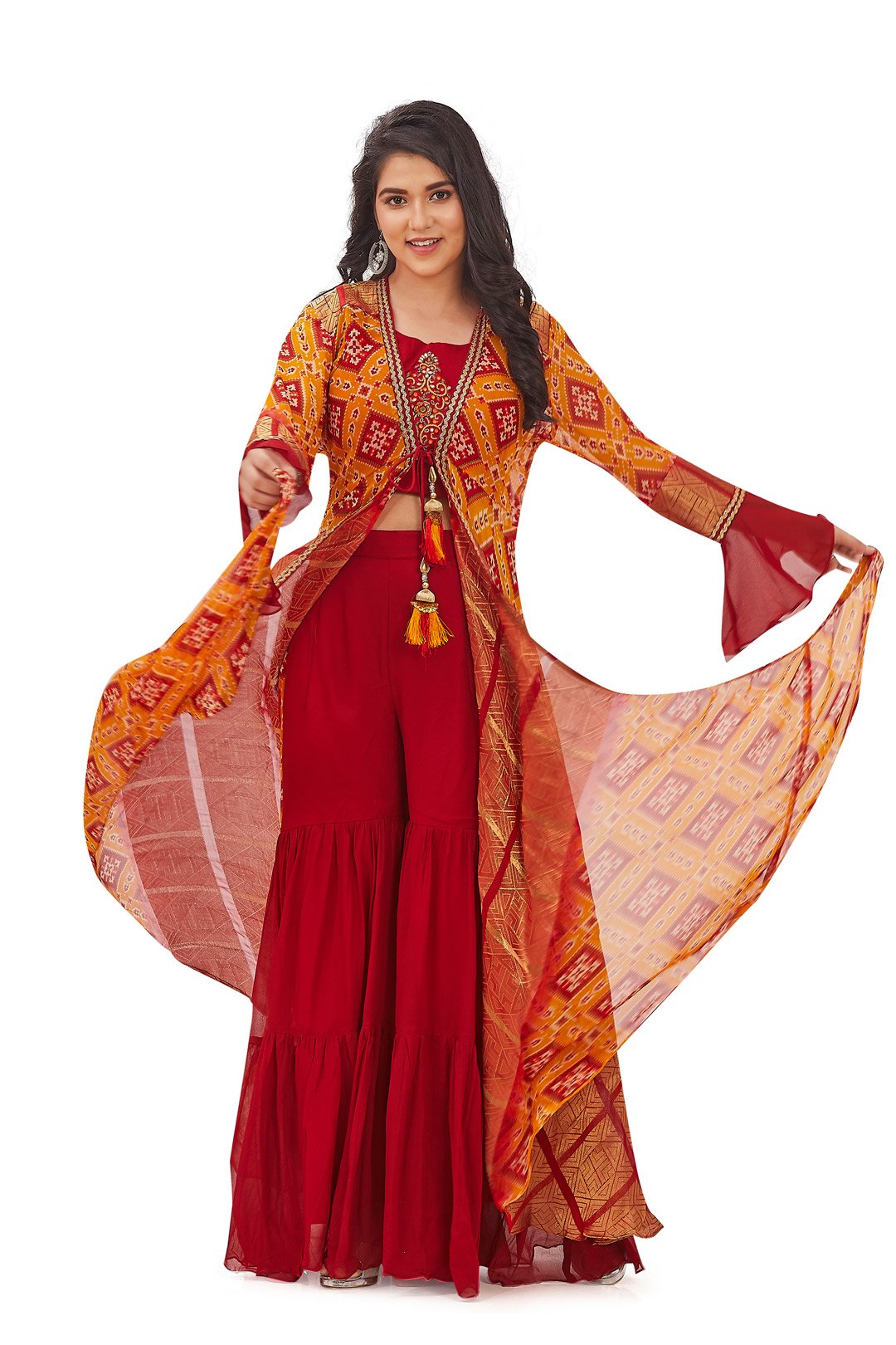 Red and Orange Patola Print Gharara Set with Jacket-AariAmi Boutique