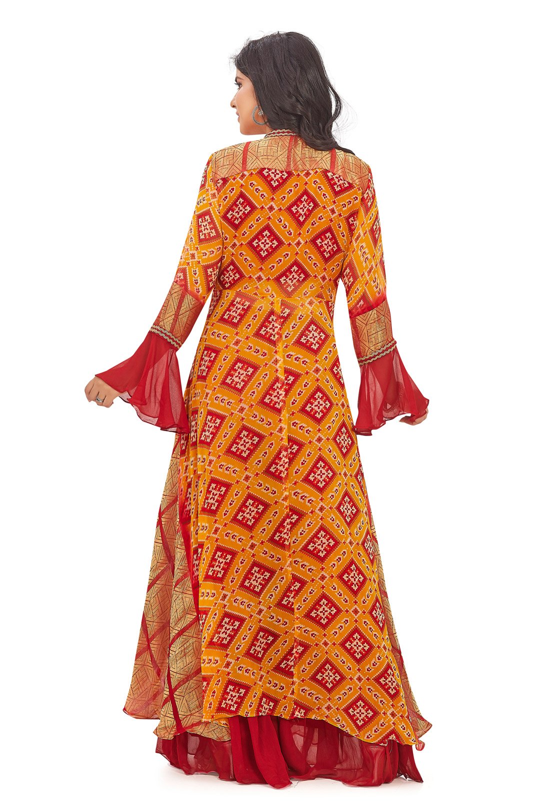 Red and Orange Patola Print Gharara Set with Jacket-AariAmi Boutique