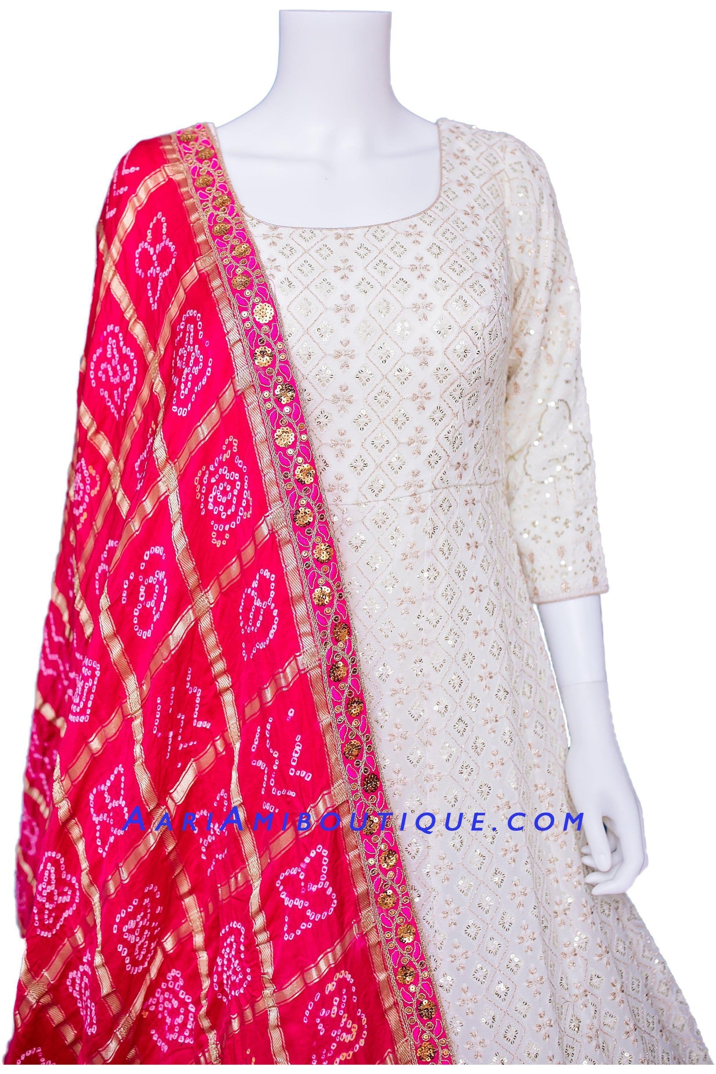 Regal White Lucknowi Anarkali Set with Bandhni Dupatta-AariAmi Boutique