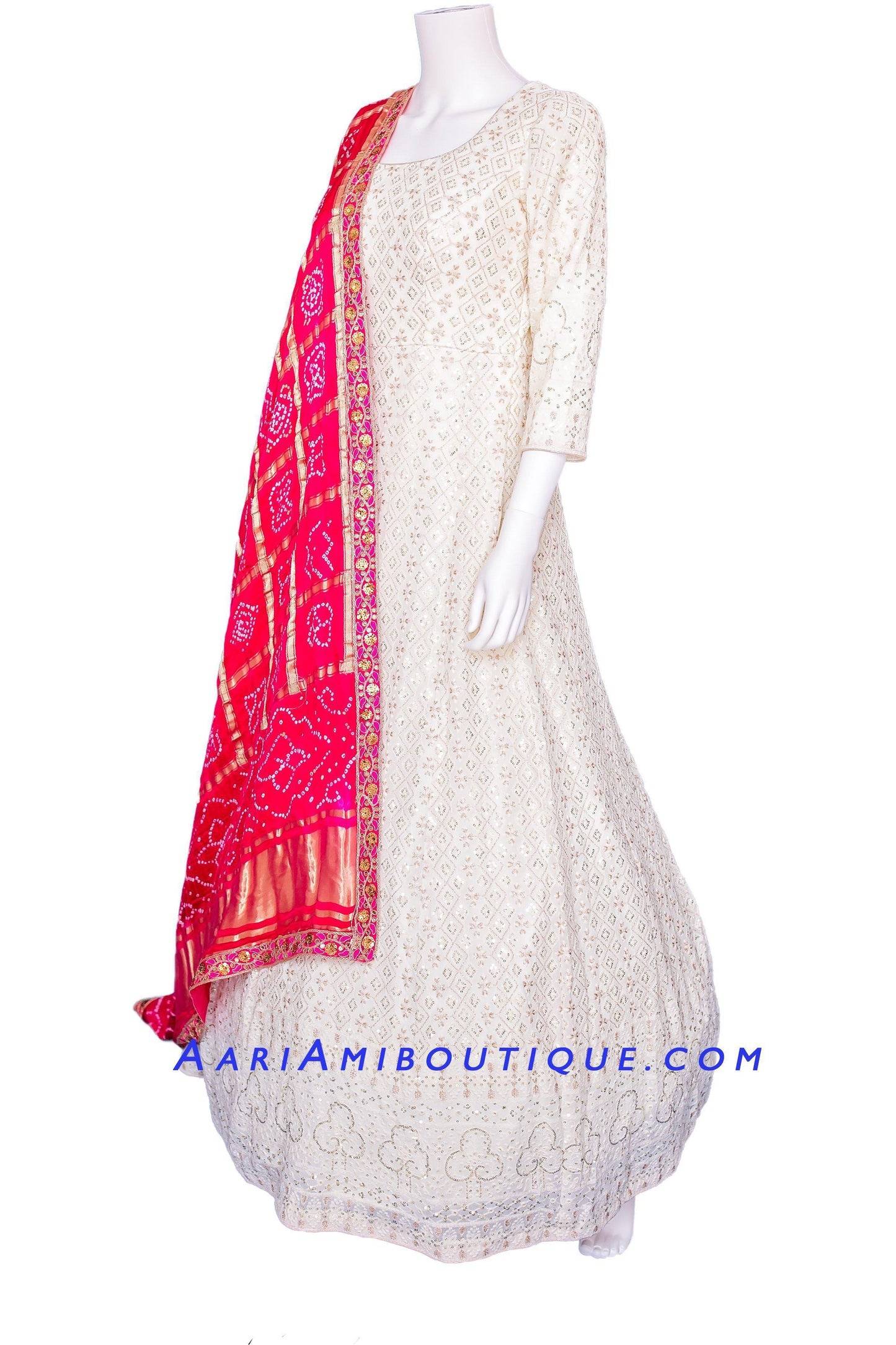 Regal White Lucknowi Anarkali Set with Bandhni Dupatta-AariAmi Boutique