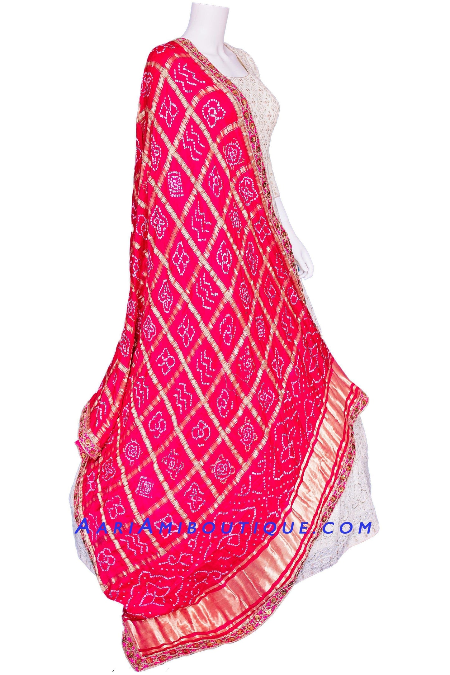 Regal White Lucknowi Anarkali Set with Bandhni Dupatta-AariAmi Boutique