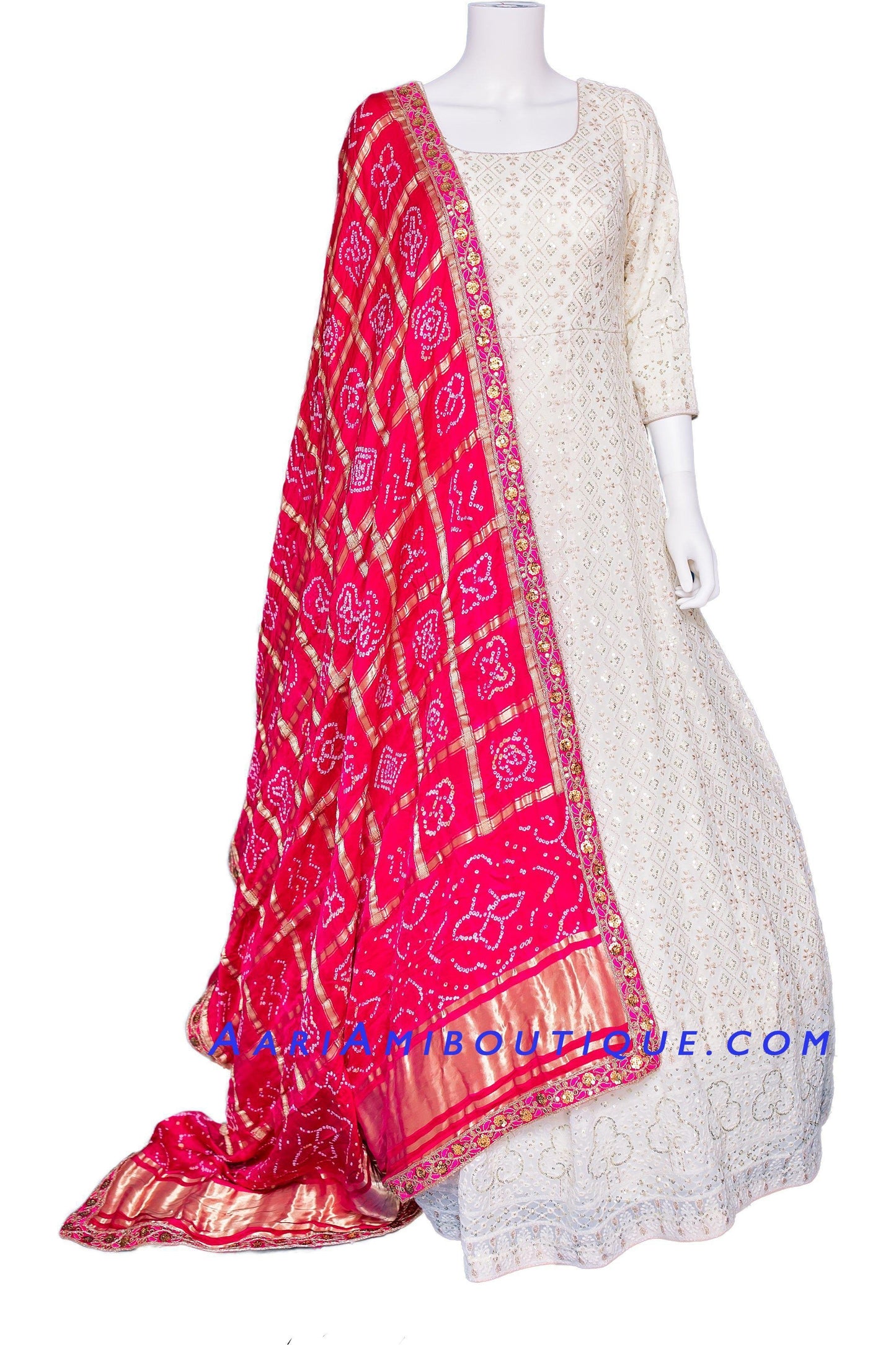 Regal White Lucknowi Anarkali Set with Bandhni Dupatta-AariAmi Boutique