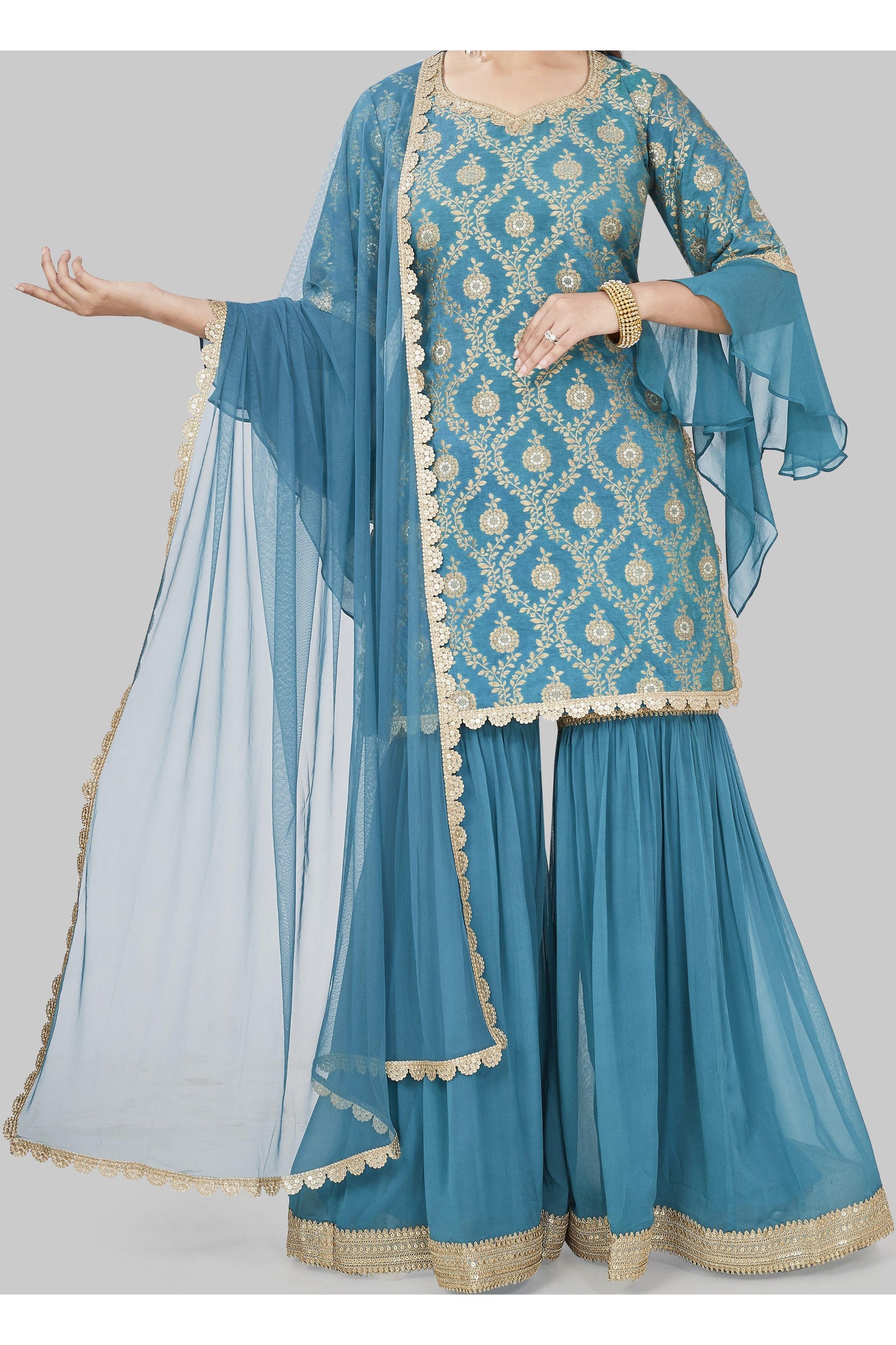 Tantalizing Teal and Gold Brocade Gharara Set-AariAmi Boutique