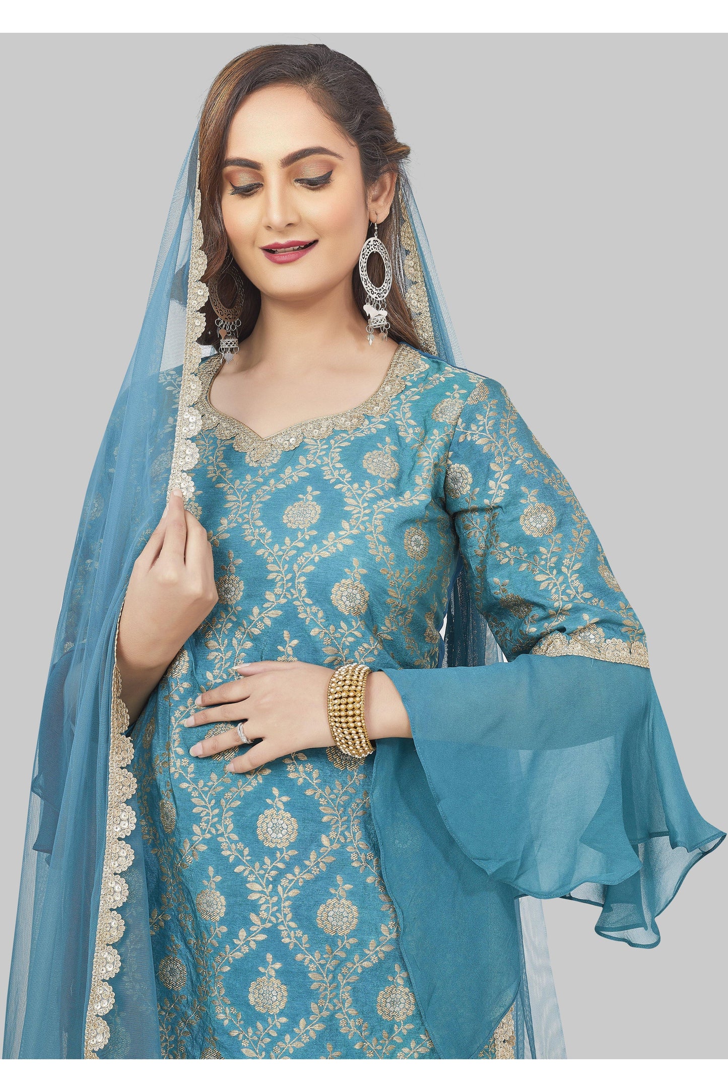 Tantalizing Teal and Gold Brocade Gharara Set-AariAmi Boutique