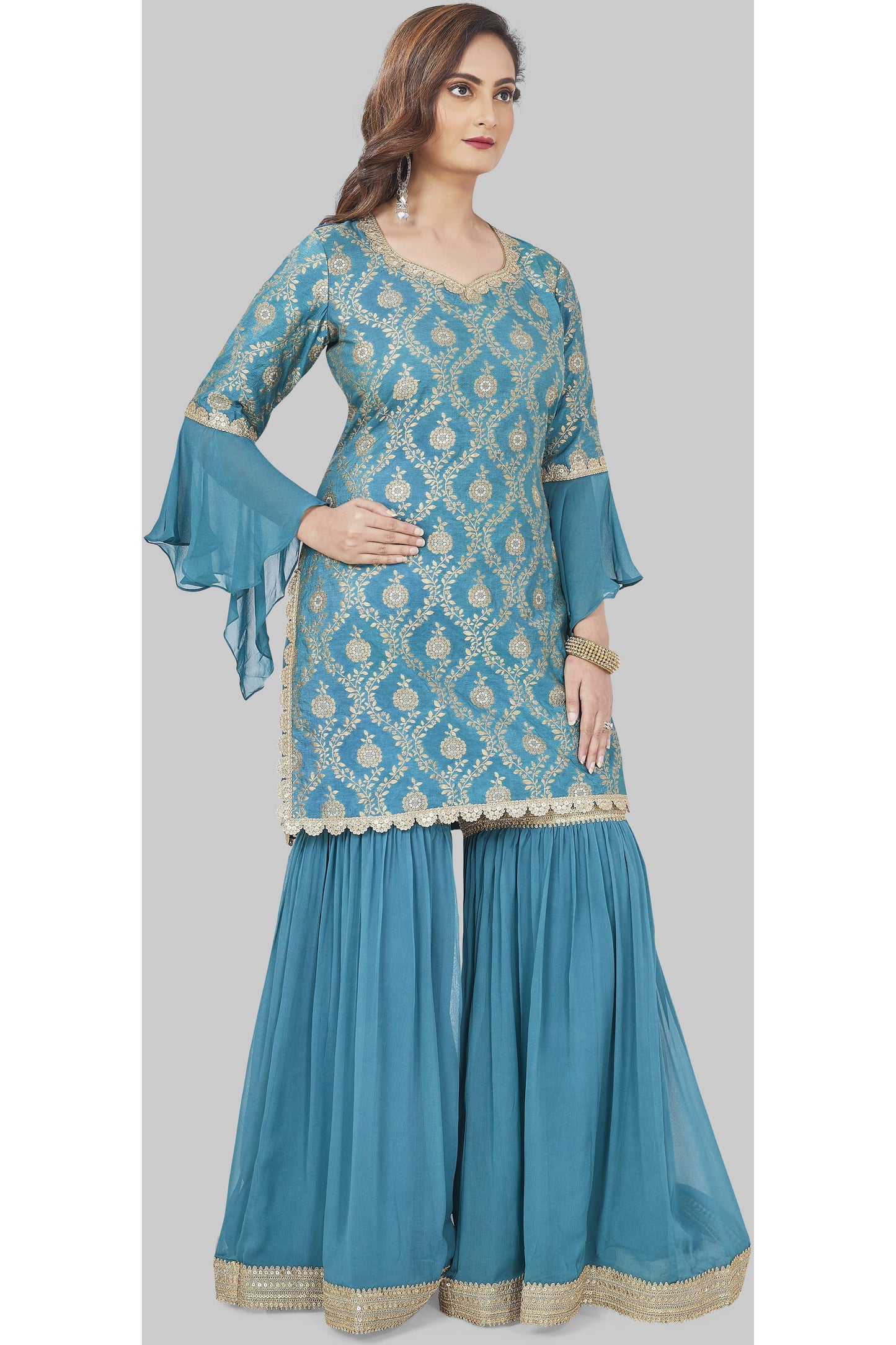 Tantalizing Teal and Gold Brocade Gharara Set-AariAmi Boutique