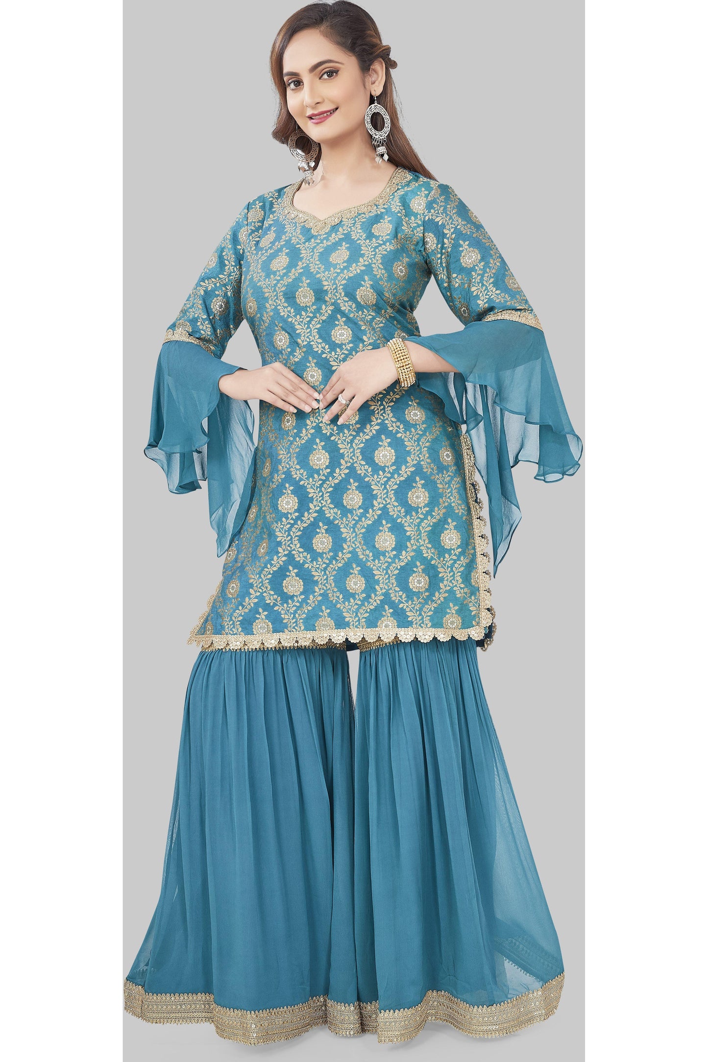 Tantalizing Teal and Gold Brocade Gharara Set-AariAmi Boutique