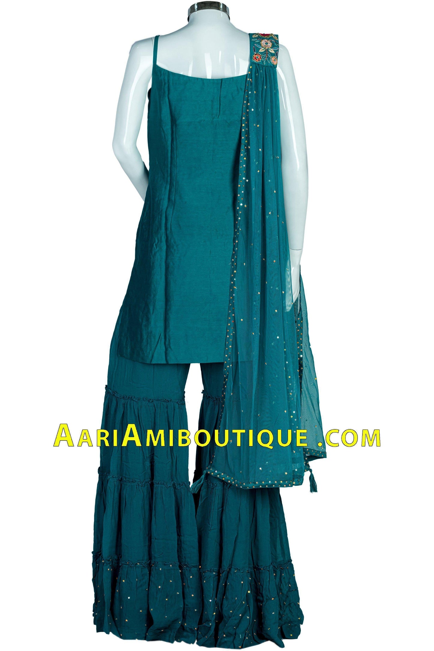 Teal Embroidered Gharara Set with Choker Dupatta-AariAmi Boutique