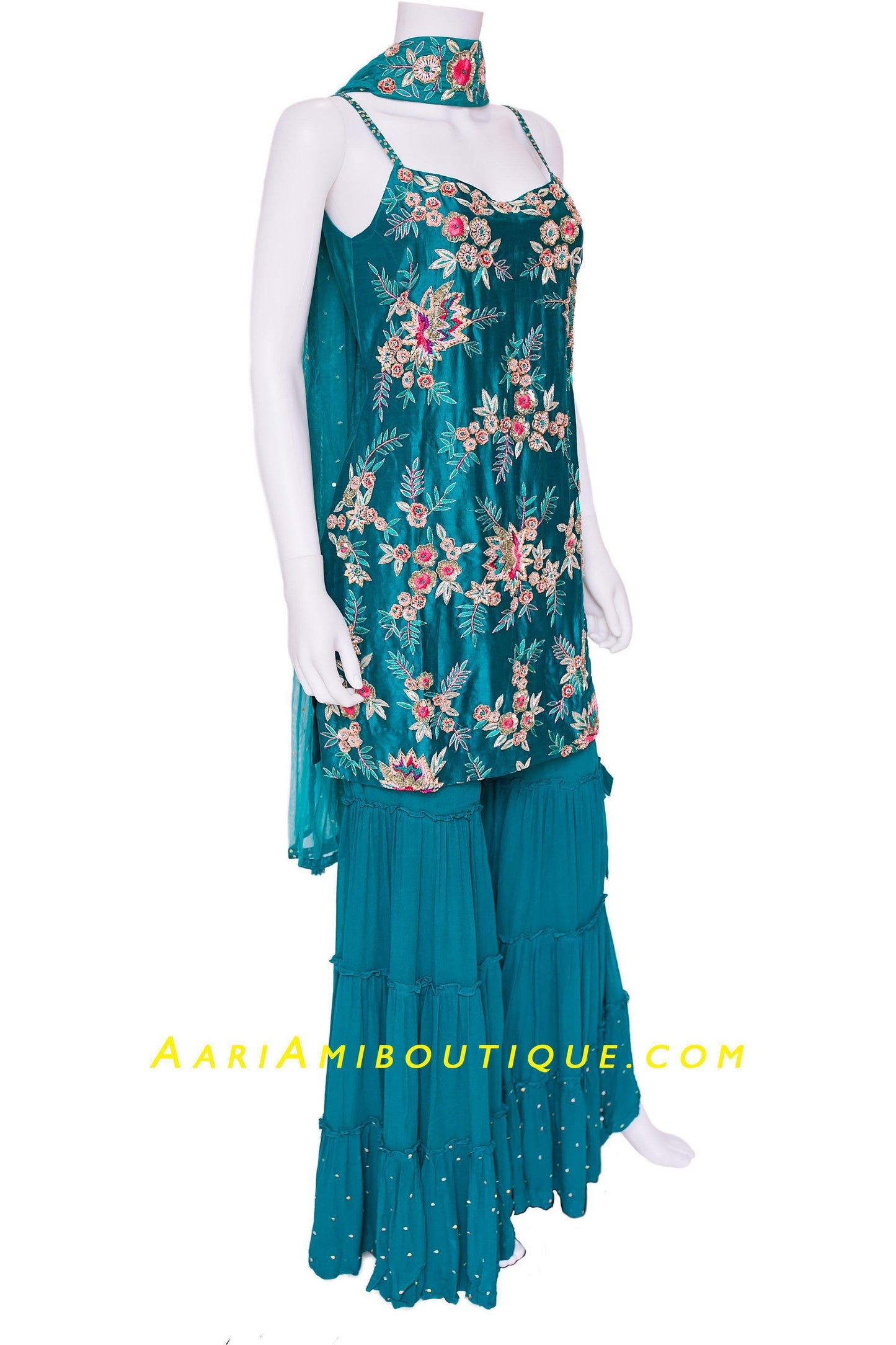 Teal Embroidered Gharara Set with Choker Dupatta-AariAmi Boutique