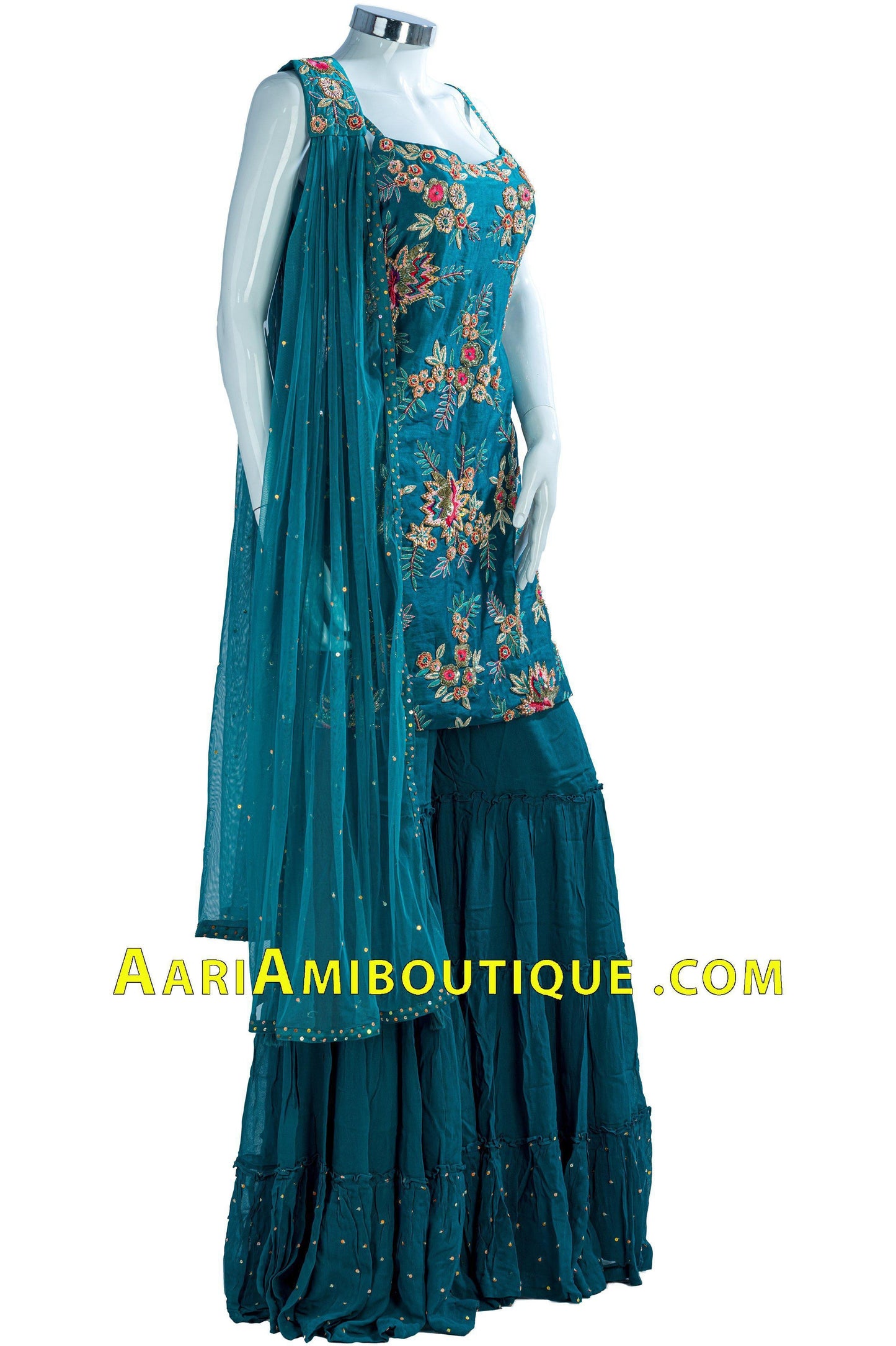 Teal Embroidered Gharara Set with Choker Dupatta-AariAmi Boutique