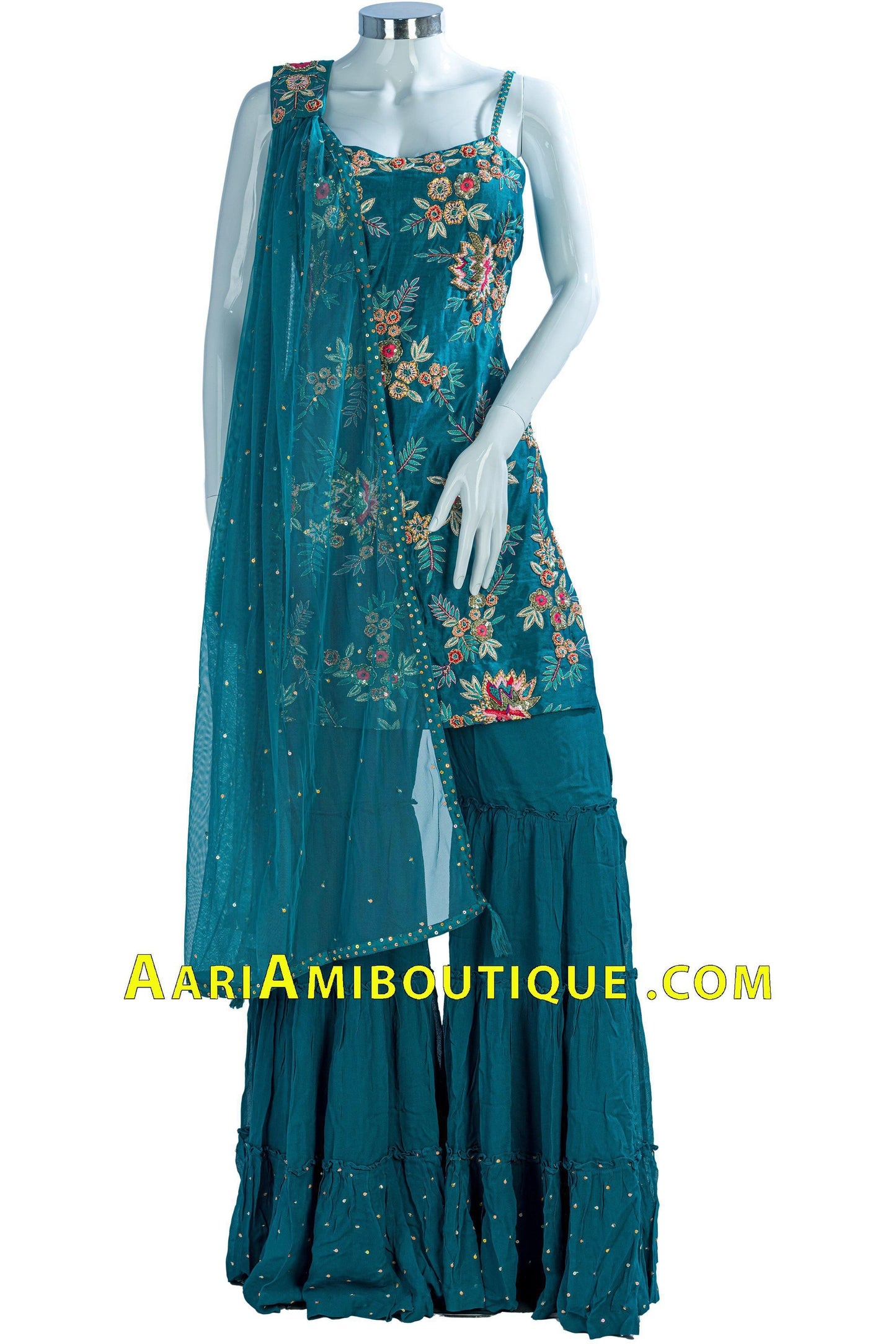 Teal Embroidered Gharara Set with Choker Dupatta-AariAmi Boutique