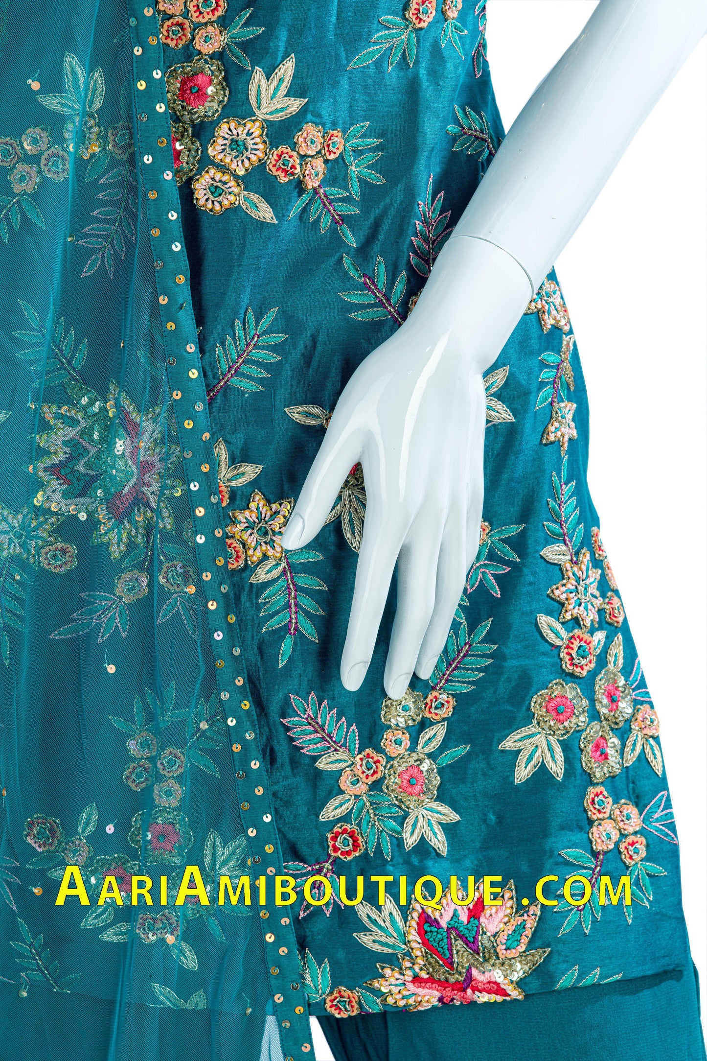 Teal Embroidered Gharara Set with Choker Dupatta-AariAmi Boutique