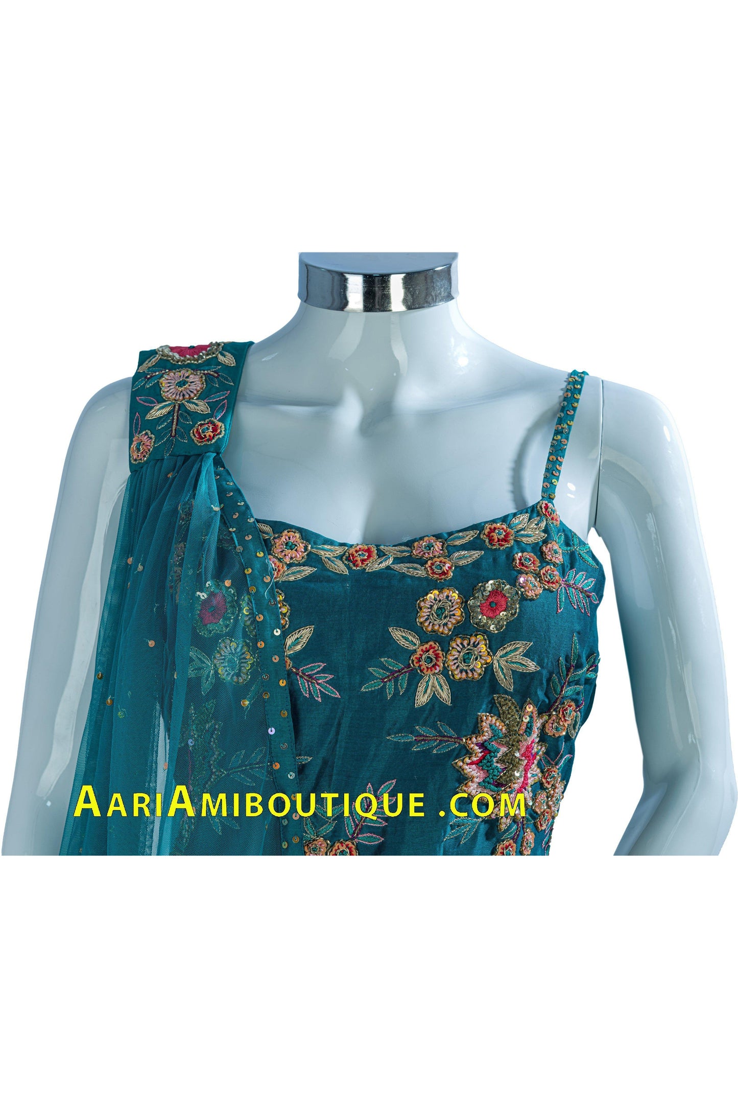 Teal Embroidered Gharara Set with Choker Dupatta-AariAmi Boutique