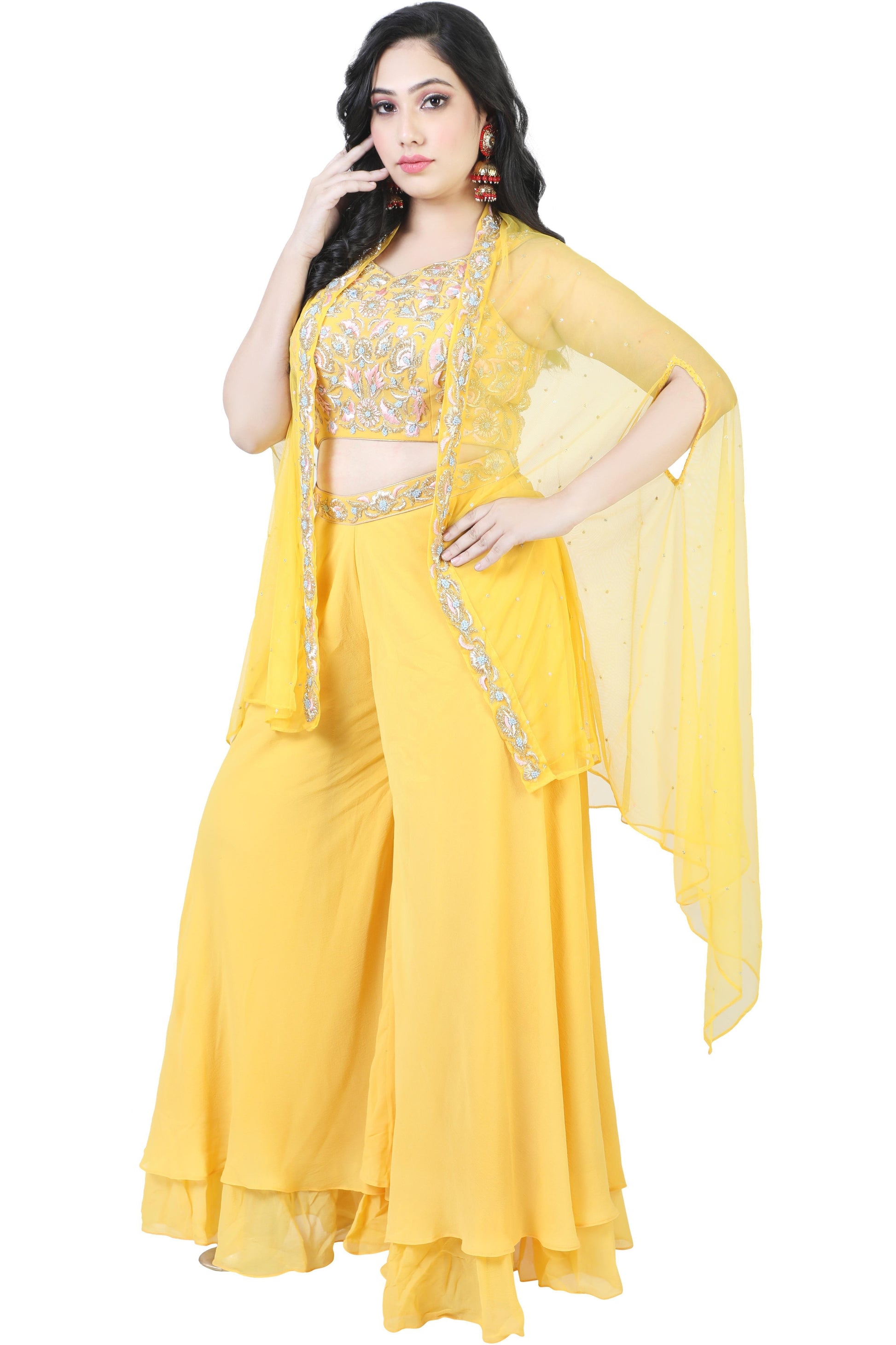 Yellow Embroidered Crop Top Palazzo Set with Cape-AariAmi Boutique