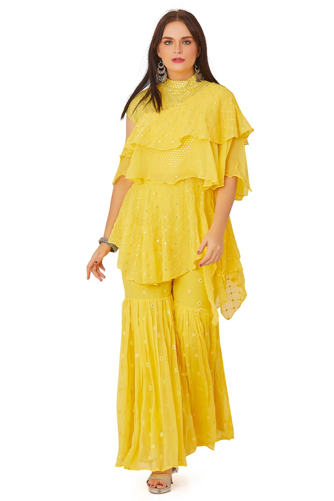 Yellow Ruffle Layered Gharara Set-AariAmi Boutique