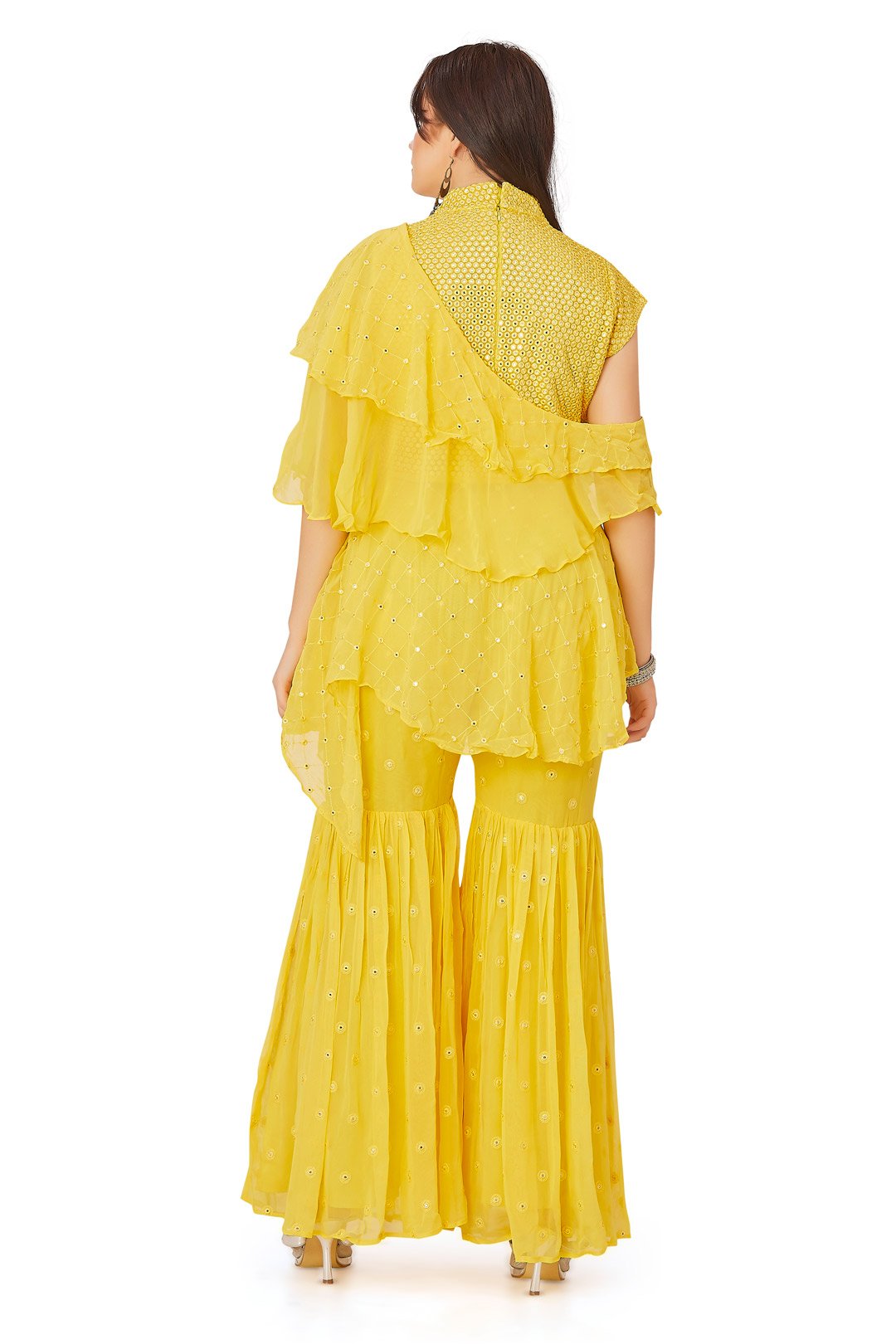 Yellow Ruffle Layered Gharara Set-AariAmi Boutique