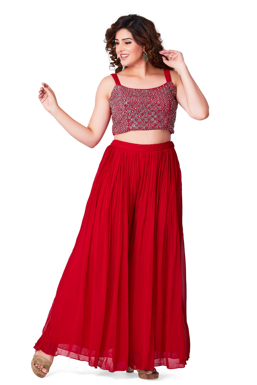 Pink Mirrorwork Crop Top Palazzo Set