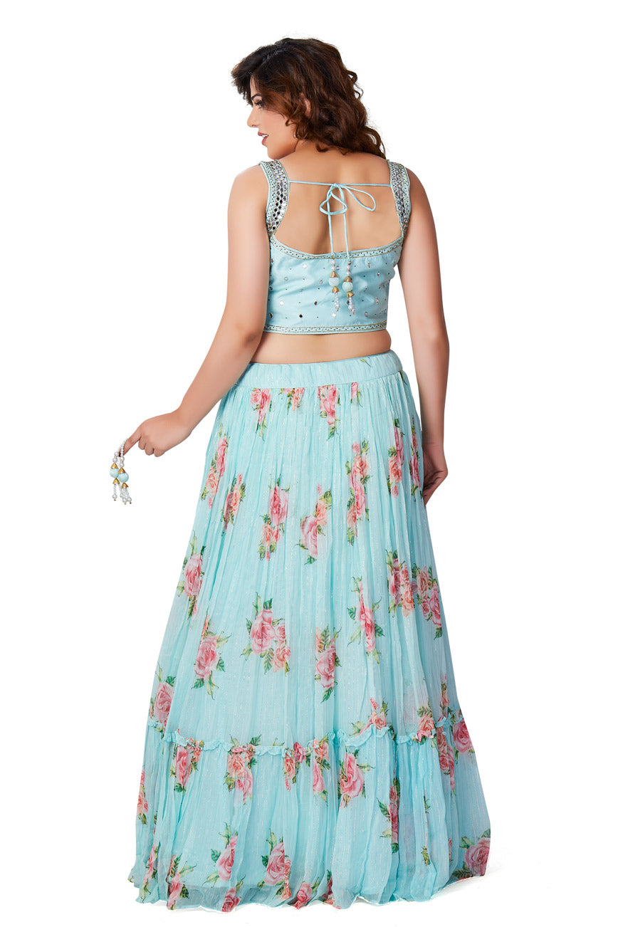 Blue Floral Printed Mirrorwork Lehenga Set