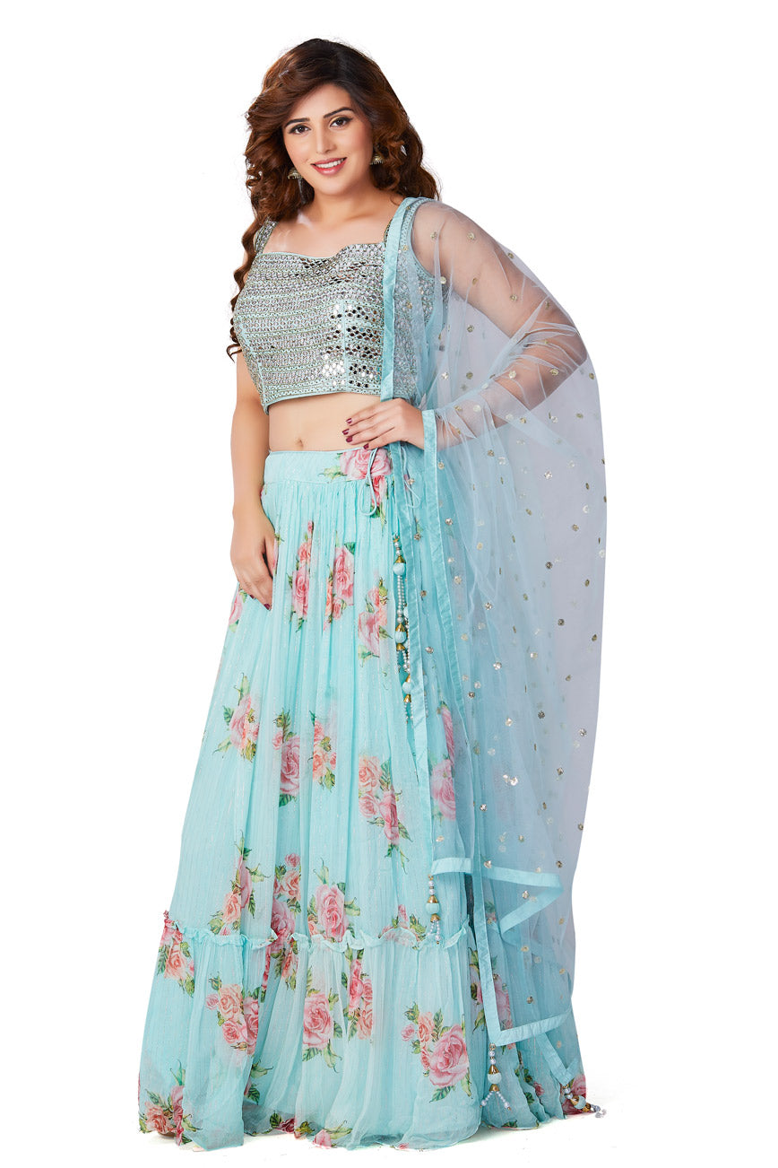 Blue Floral Printed Mirrorwork Lehenga Set