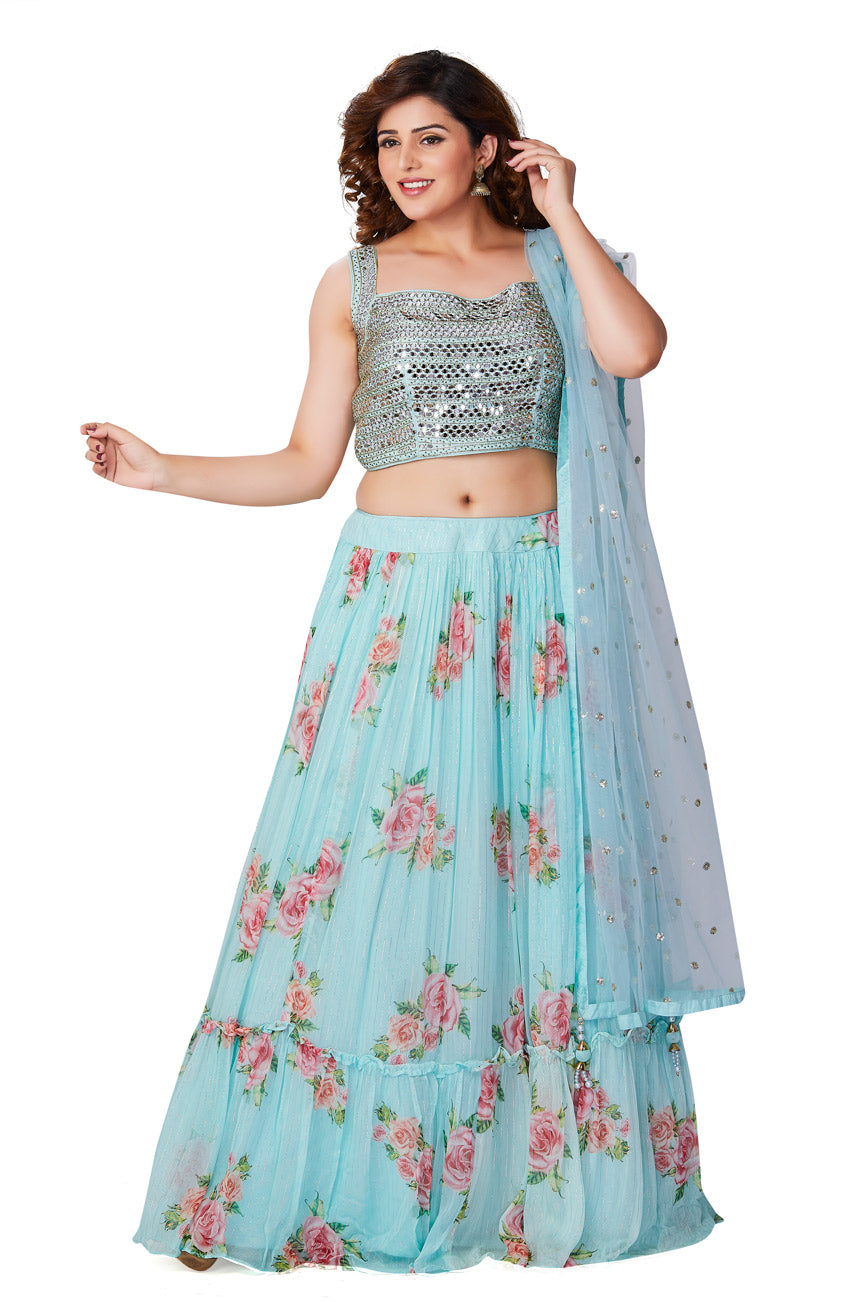 Blue Floral Printed Mirrorwork Lehenga Set