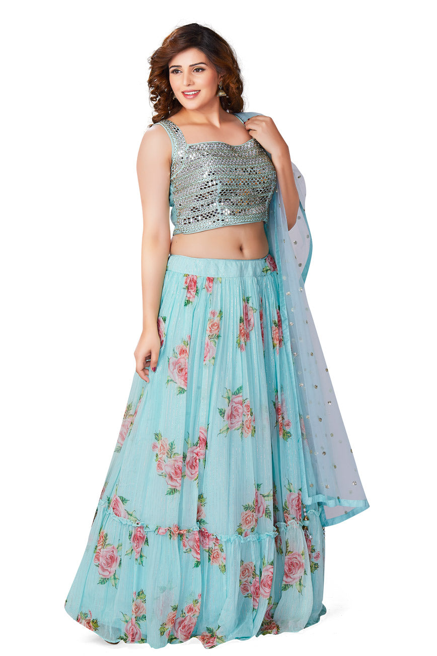 Blue Floral Printed Mirrorwork Lehenga Set