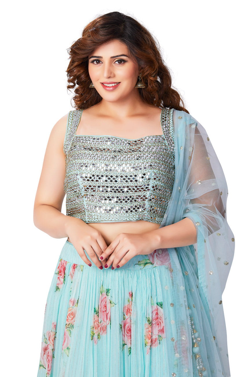 Blue Floral Printed Mirrorwork Lehenga Set